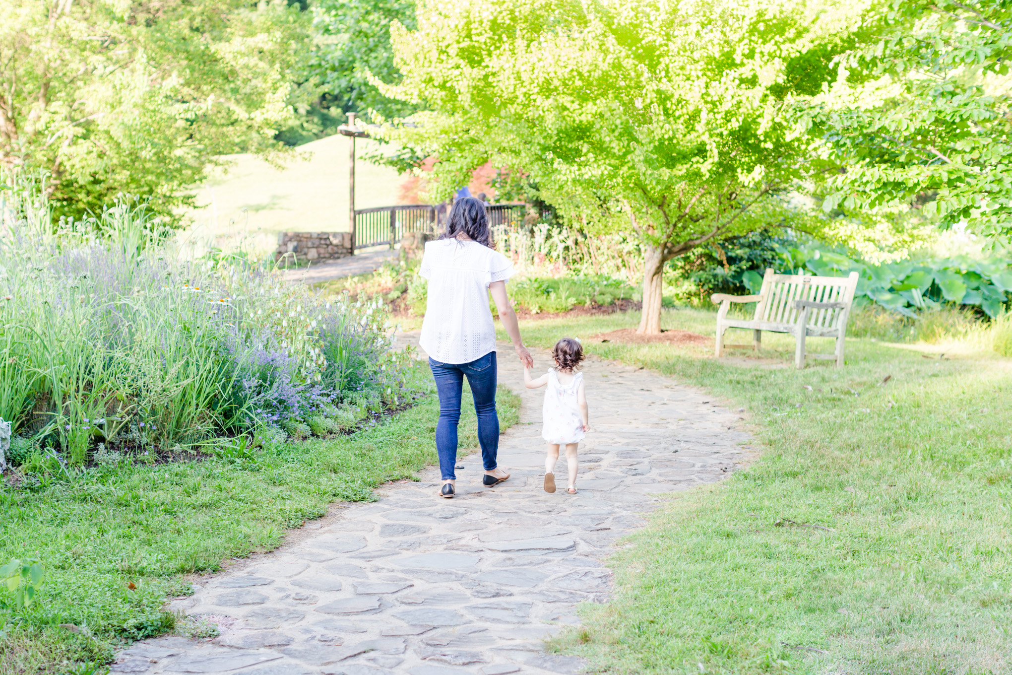 mom and daughter, walking path, botanical gardens, Reston
