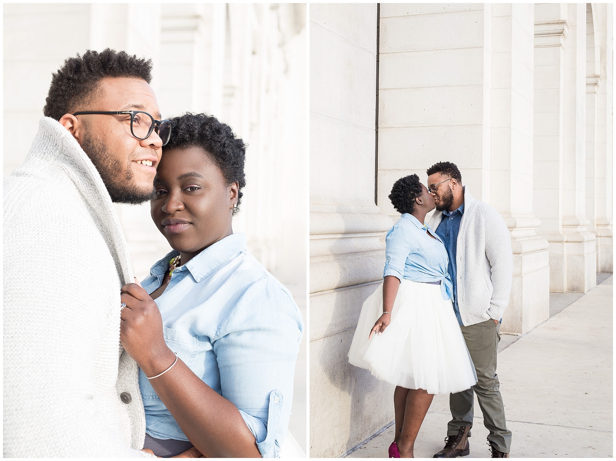 engaged couple, African American couple, tulle skirt, J.Crew Heels, stylish, Union Station, D.C.