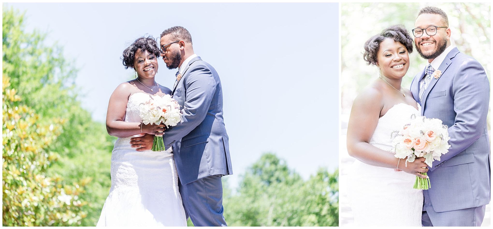 engagement session photography, African American bride and groom, Renditions Golf Course, bride and groom portraits, blue suit, rose bouquet, lavender
