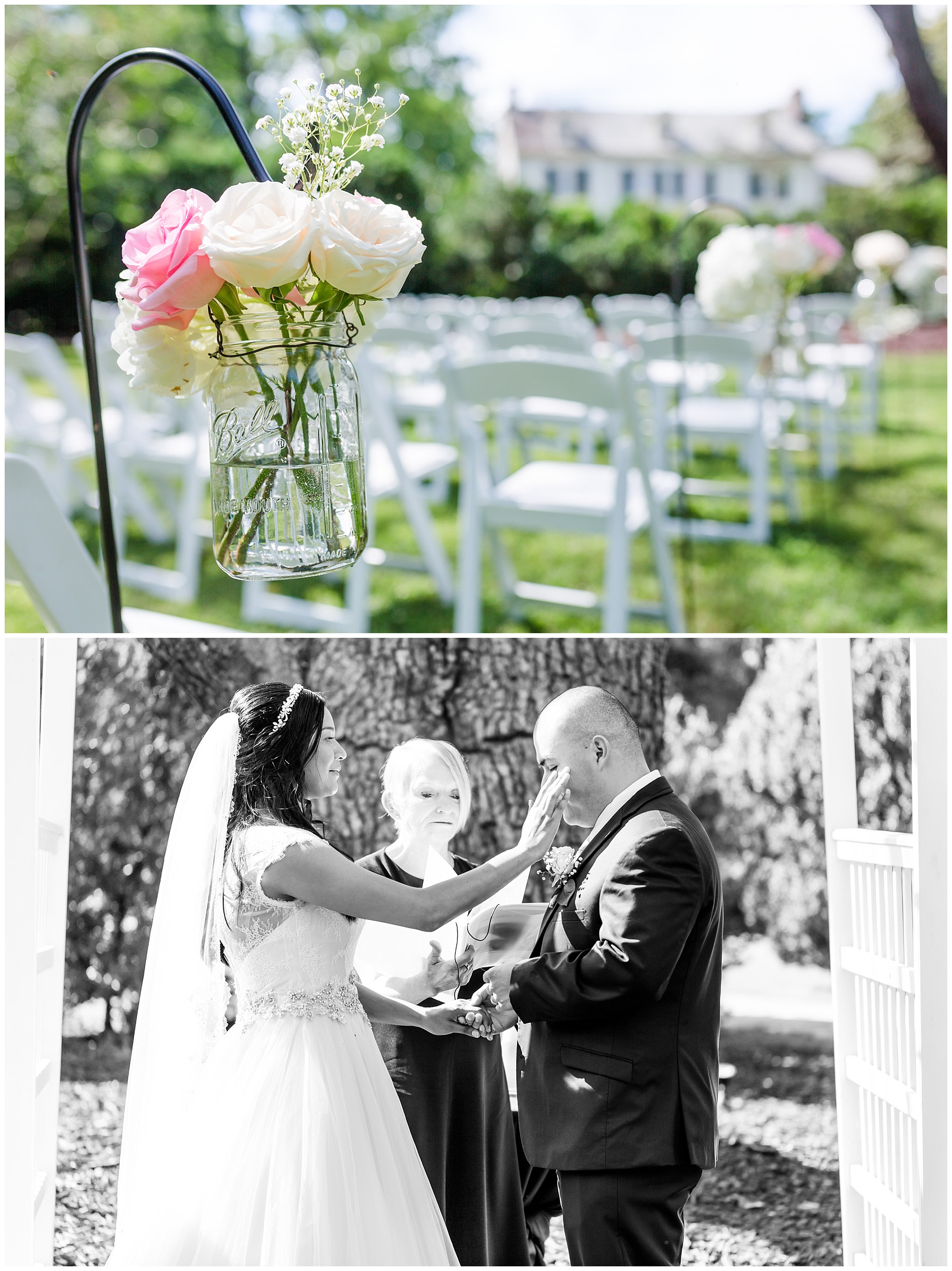 elegant Rust Manor House wedding, Leesburg wedding, northern Virginia, white roses, pink roses, hydrangea, mason jars, bride and groom, wedding ceremony