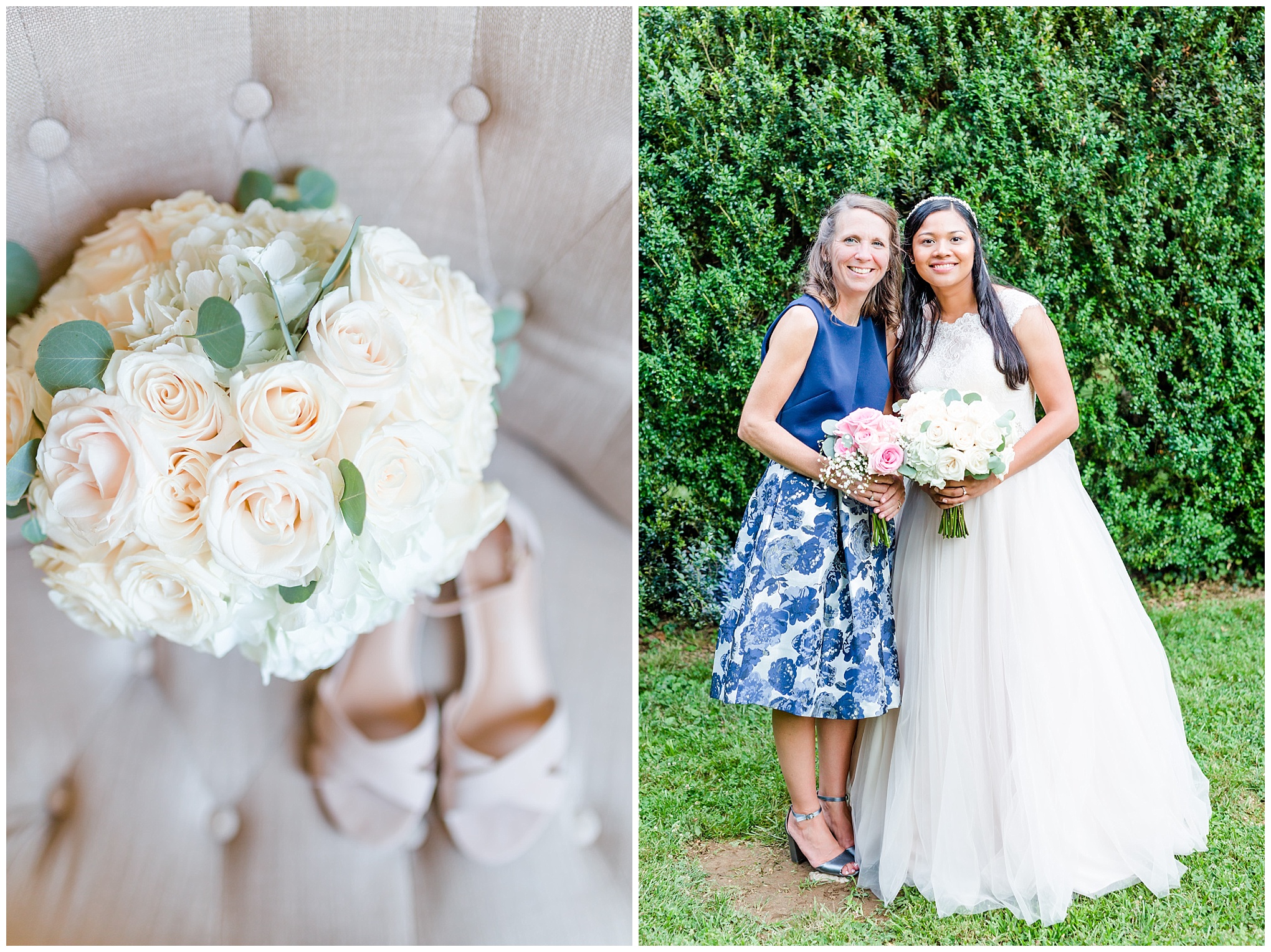 elegant Rust Manor House wedding, maid of honor, bridal bouquet, handmade bouquet, white roses, while hydrangea, wedding shoes