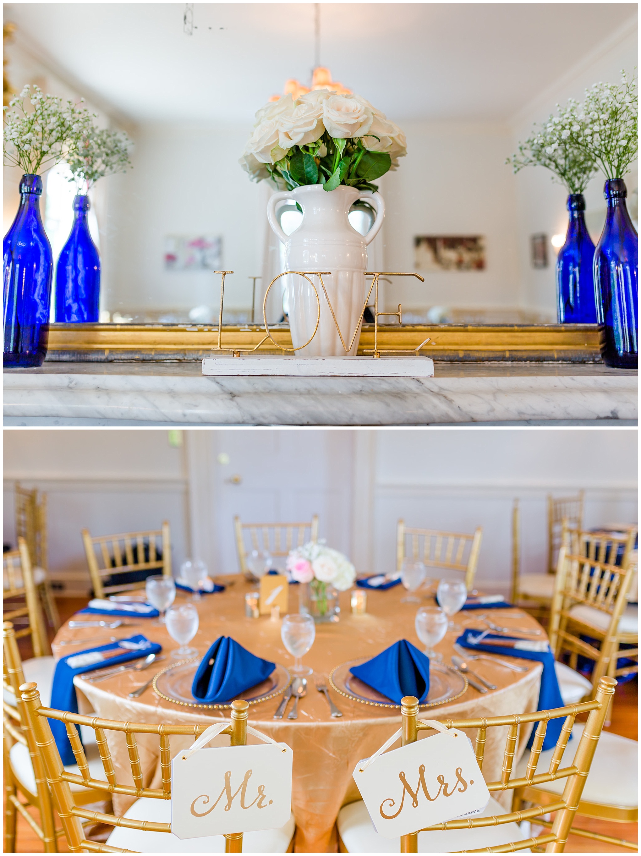 elegant Rust Manor House wedding, blue and gold wedding colors, blue and gold, reception room, wedding reception