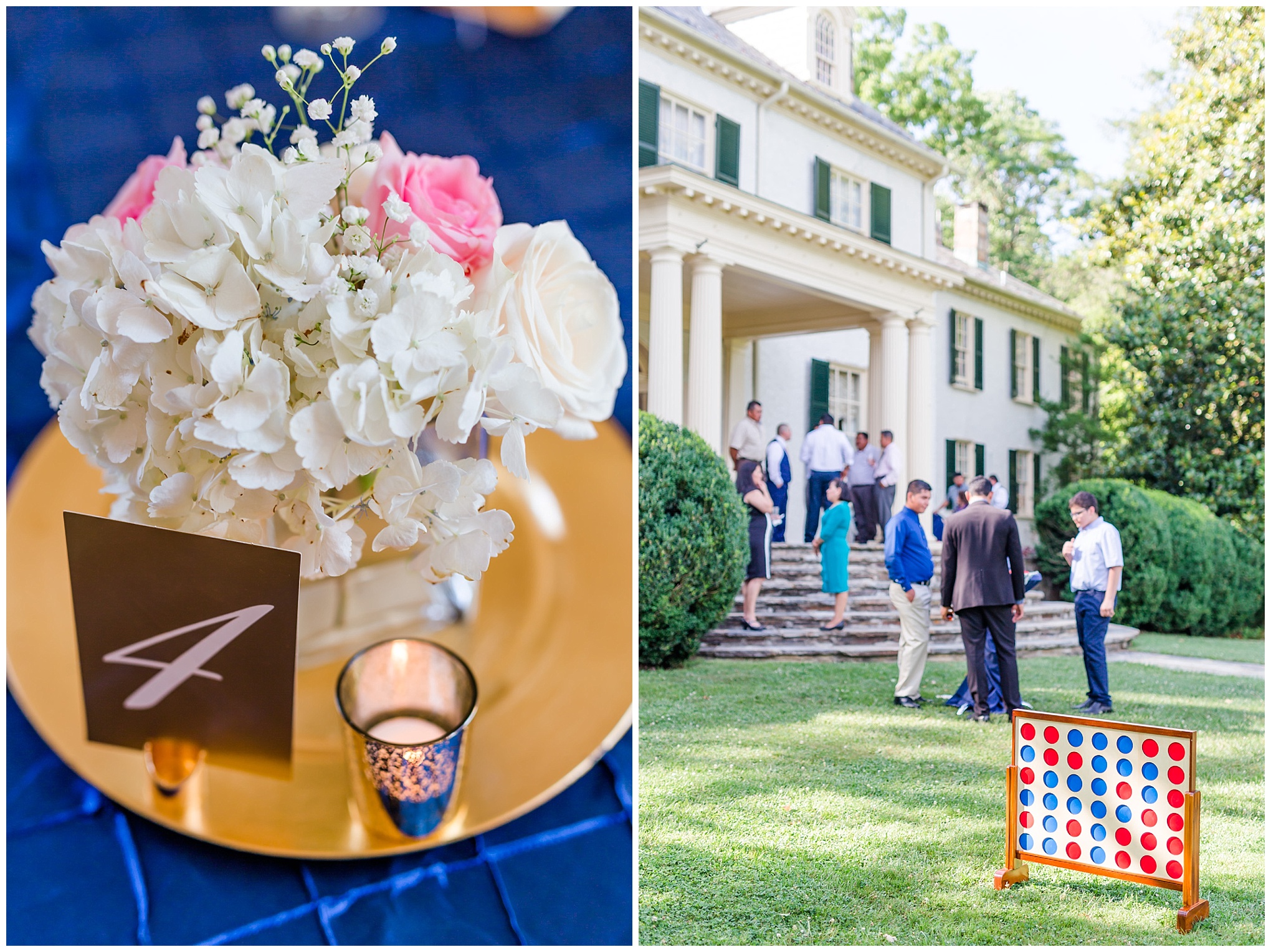 elegant Rust Manor House wedding, blue and gold wedding colors, blue and gold, reception room, wedding reception, white roses, wedding flowers, gold charger, connect four, outdoor wedding reception, Leesburg, Rust Manor House