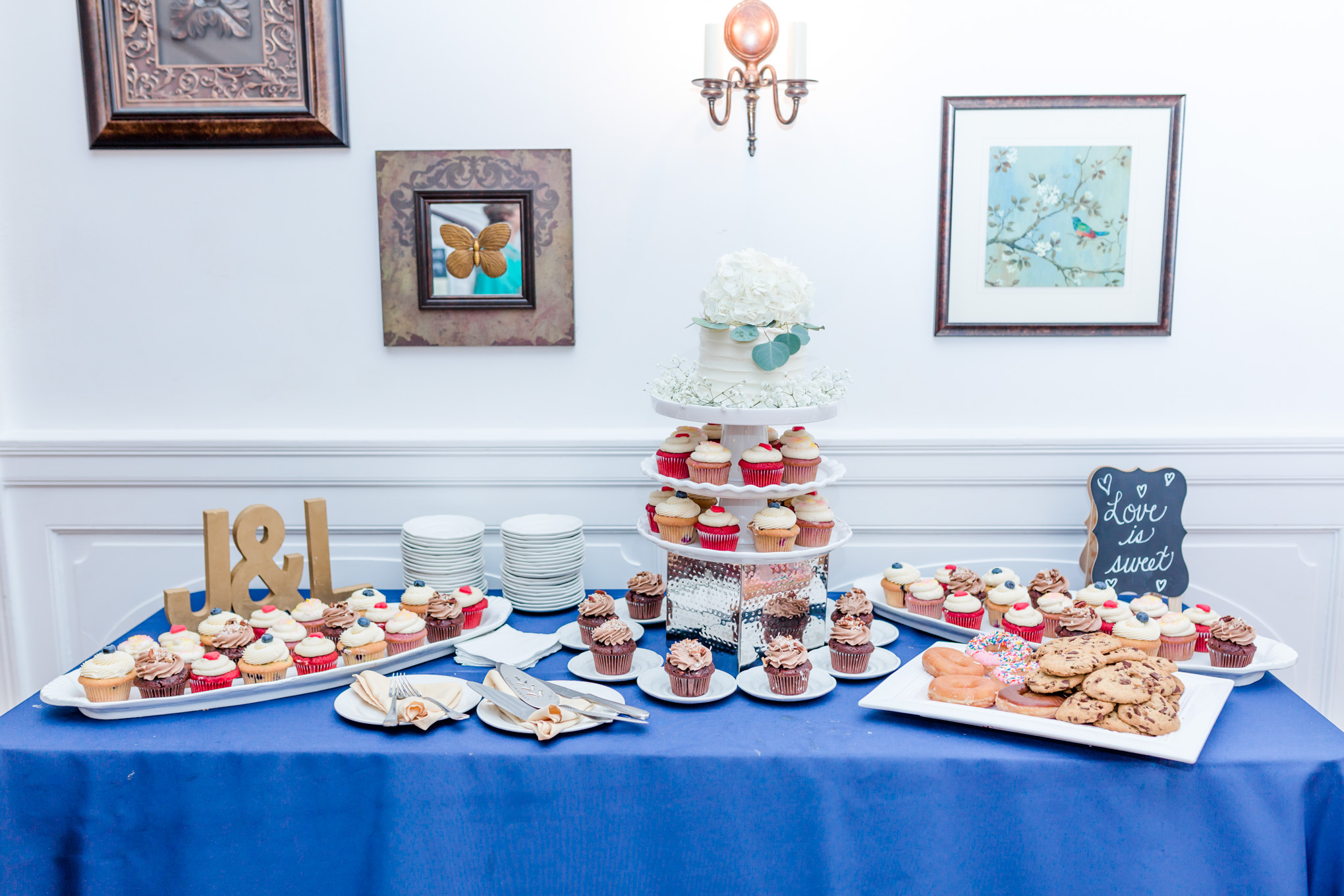 elegant Rust Manor House wedding, dessert table, cupcakes, Cupcakes Actually, wedding cake, alternative wedding desserts, sprinkle donuts
