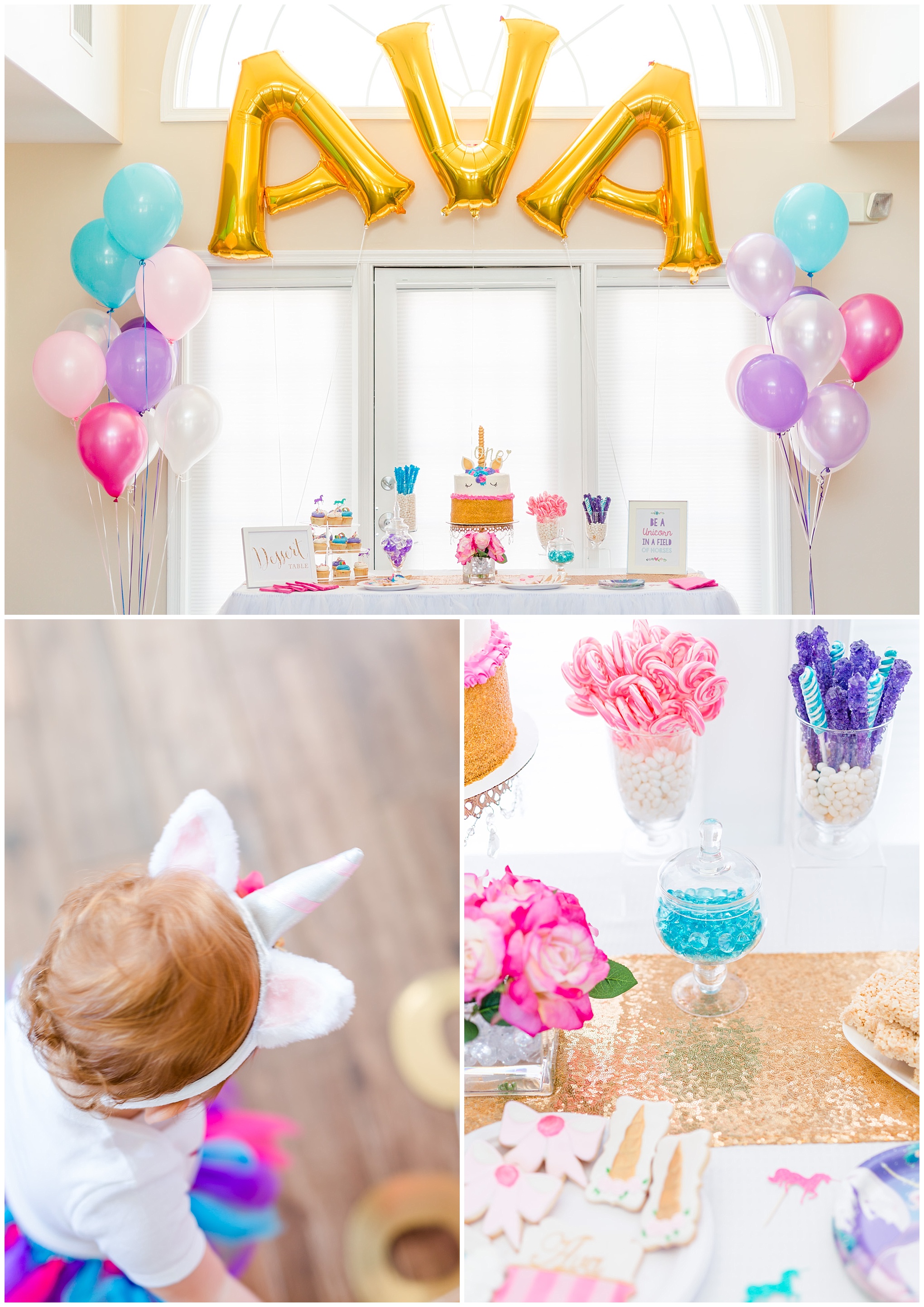 first birthday party, mylar balloons, unicorns, candy, dessert bar