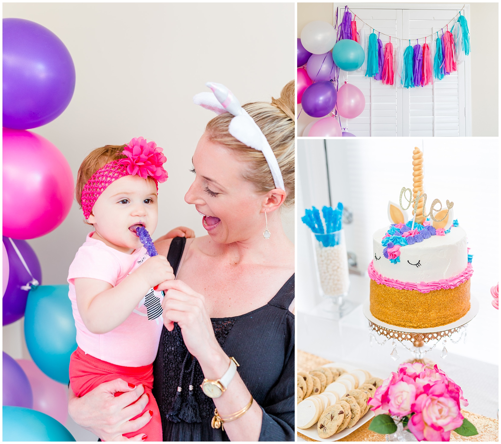 first birthday party, one year old, rock candy, unicorns