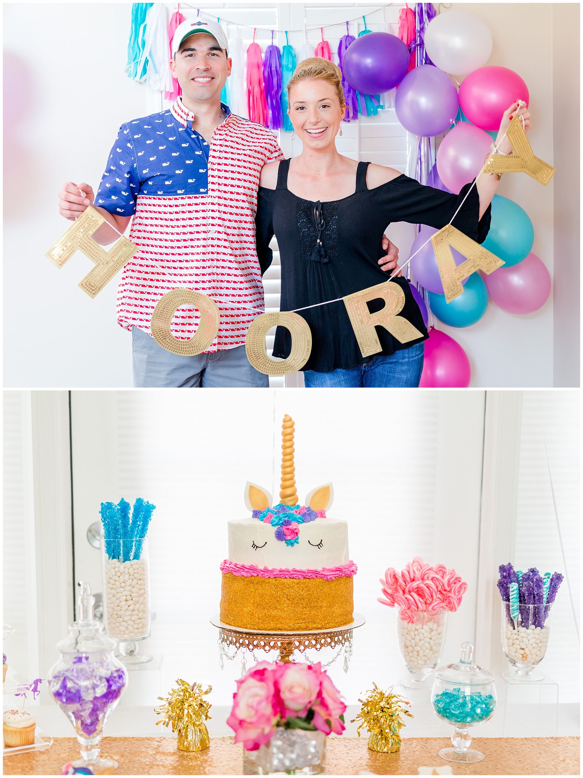 first birthday photos, married couple, dessert table, unicorn cake
