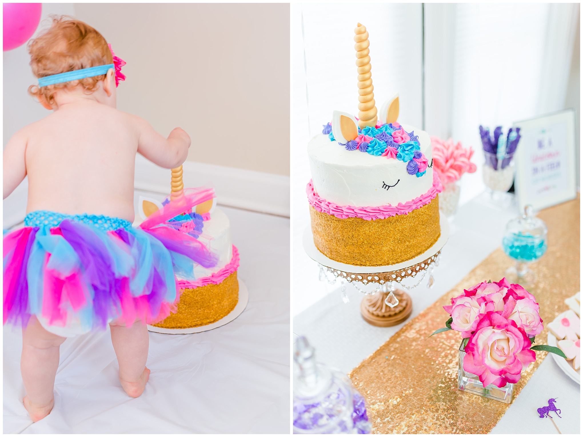 first birthday photos, cake smash, one year old girl, unicorn cake