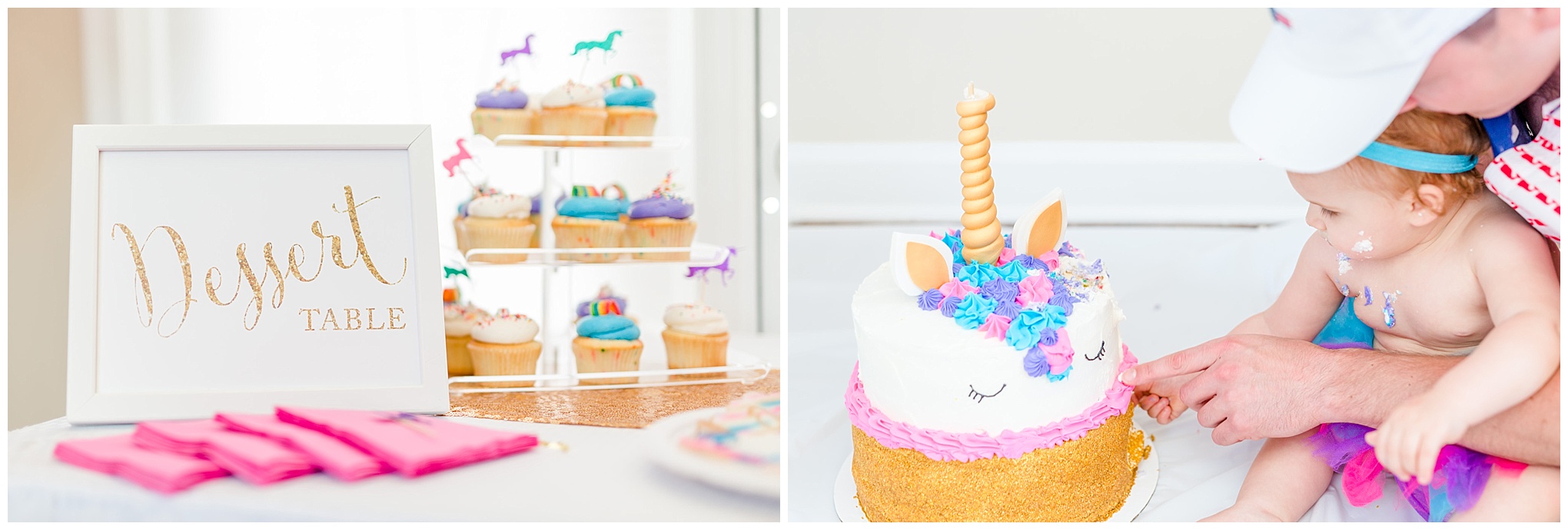 first birthday photos, cake smash, one year old girl, unicorn cake