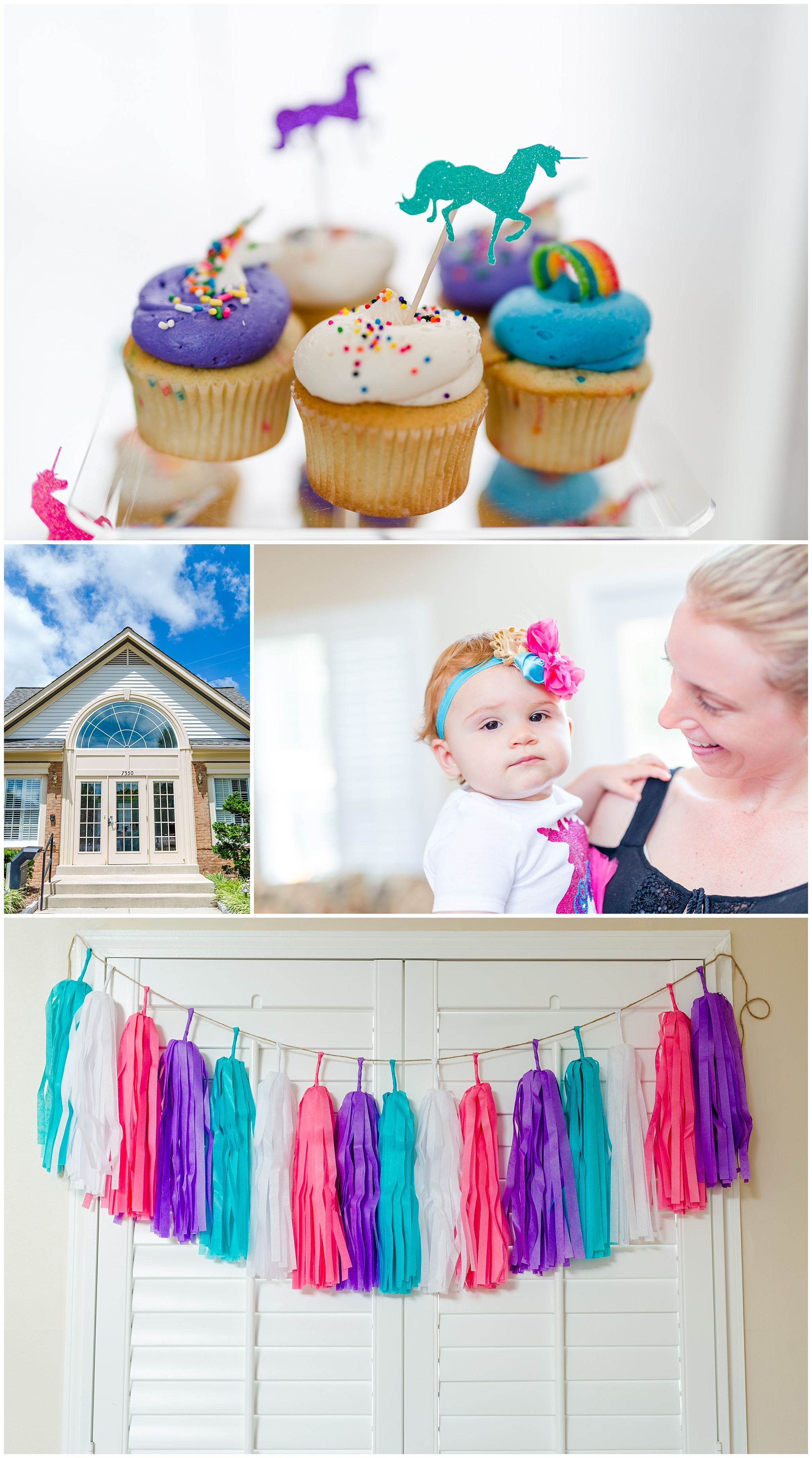 first birthday party, cupcakes, unicorns, party tassels