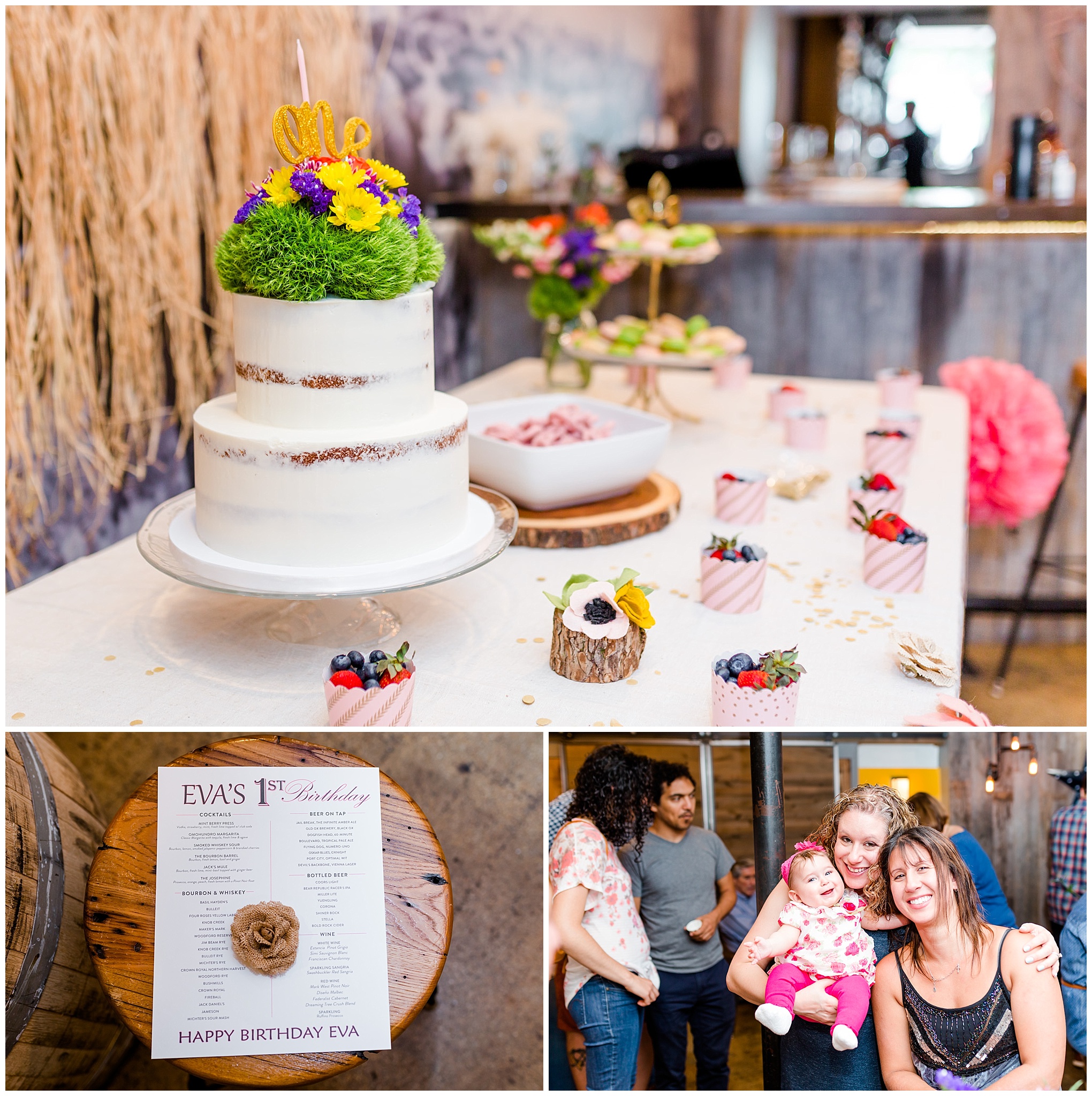 Texas Jack's party, floral arrangement, wildflowers, baby girl, father daughter, first birthday, birthday party, Arlington event photographer, Arlington event, paper flowers, rustic birthday cake, customized menu, personalized menu, group photos