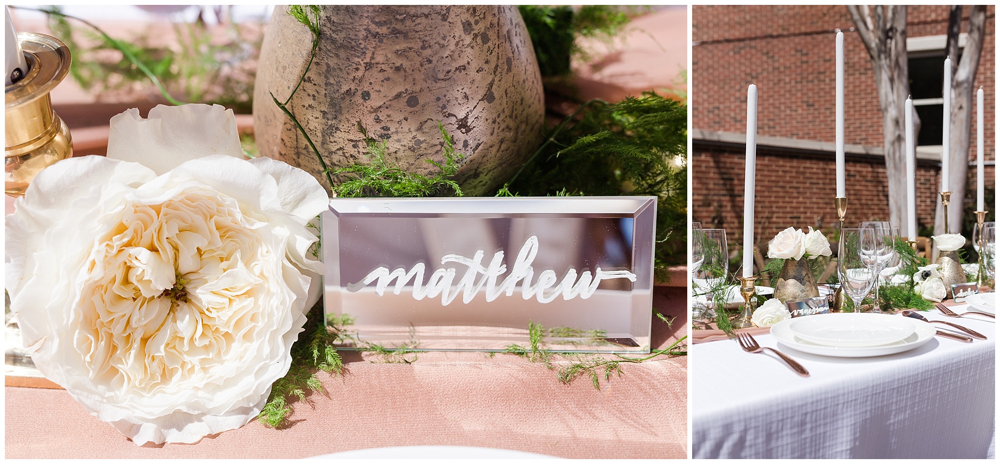 modern minimalist wedding inspiration, calligraphy, mirrored name tags, tablescape, greenery, styled shoot, Alexandria, northern Virginia, modern wedding, minimalist wedding inspiration, minimalist wedding, tapered candles, hotel wedding