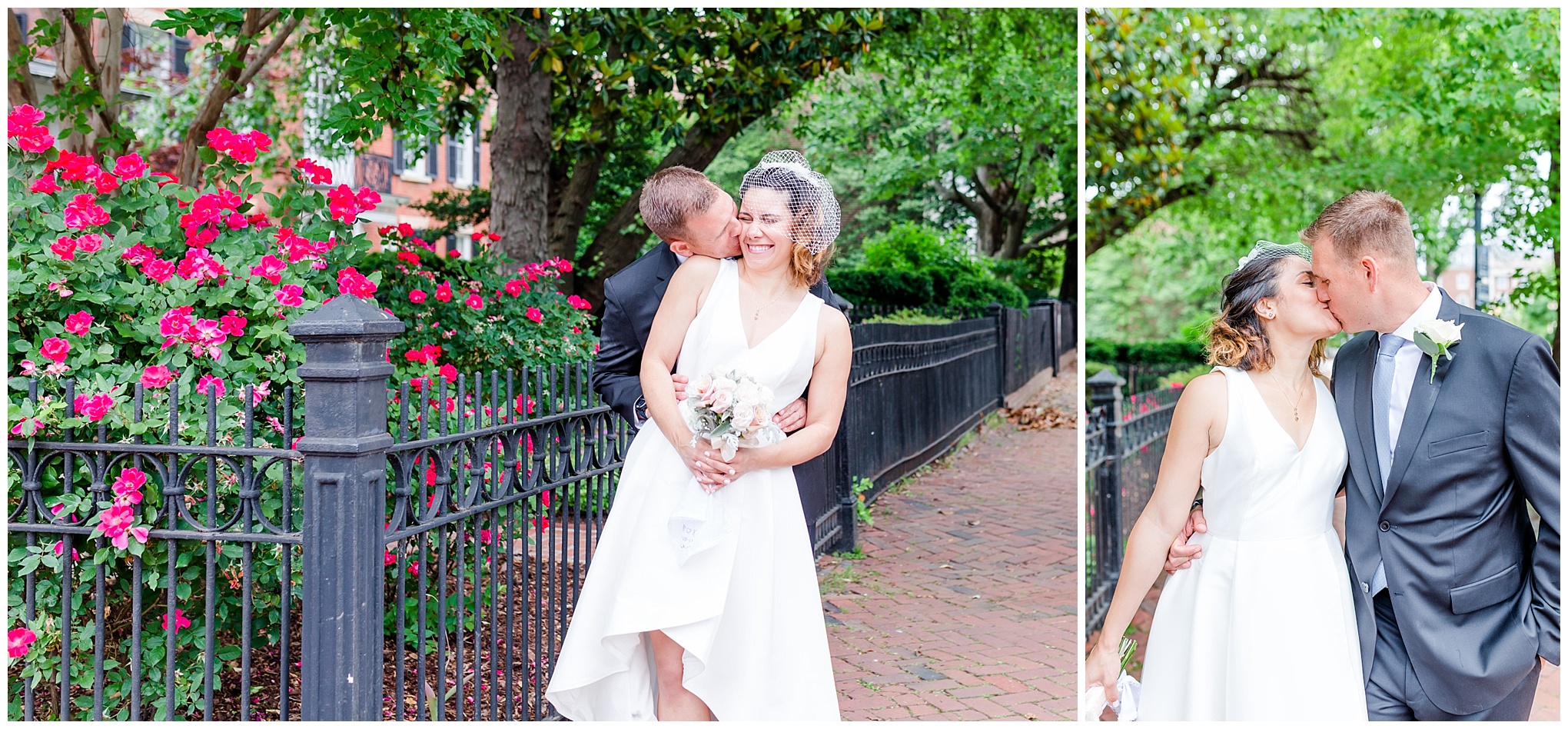 photography ready wedding venues, bride and groom, wedding portraits, portrait locations, old town Alexandria, northern VA wedding venues, Morrison House, Morrison House wedding, kissing pic, a-line wedding gown