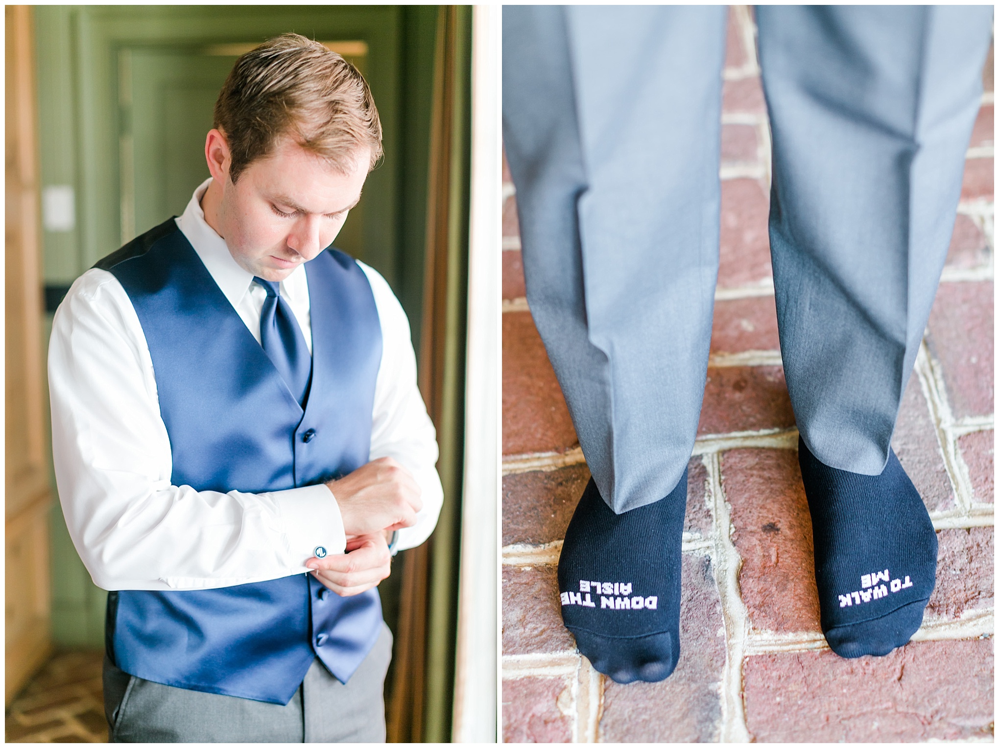 Keswick Vineyards summer wedding, groom, initial cufflinks, specialty socks