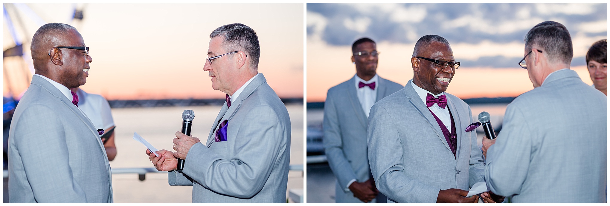 National Harbor wedding, Oxon Hill, waterfront, waterfront wedding, Potomac River, same sex wedding, two grooms, wedding party, best man, best men, sunset portraits, magic hour, sunset wedding ceremony, National Elite, private yacht