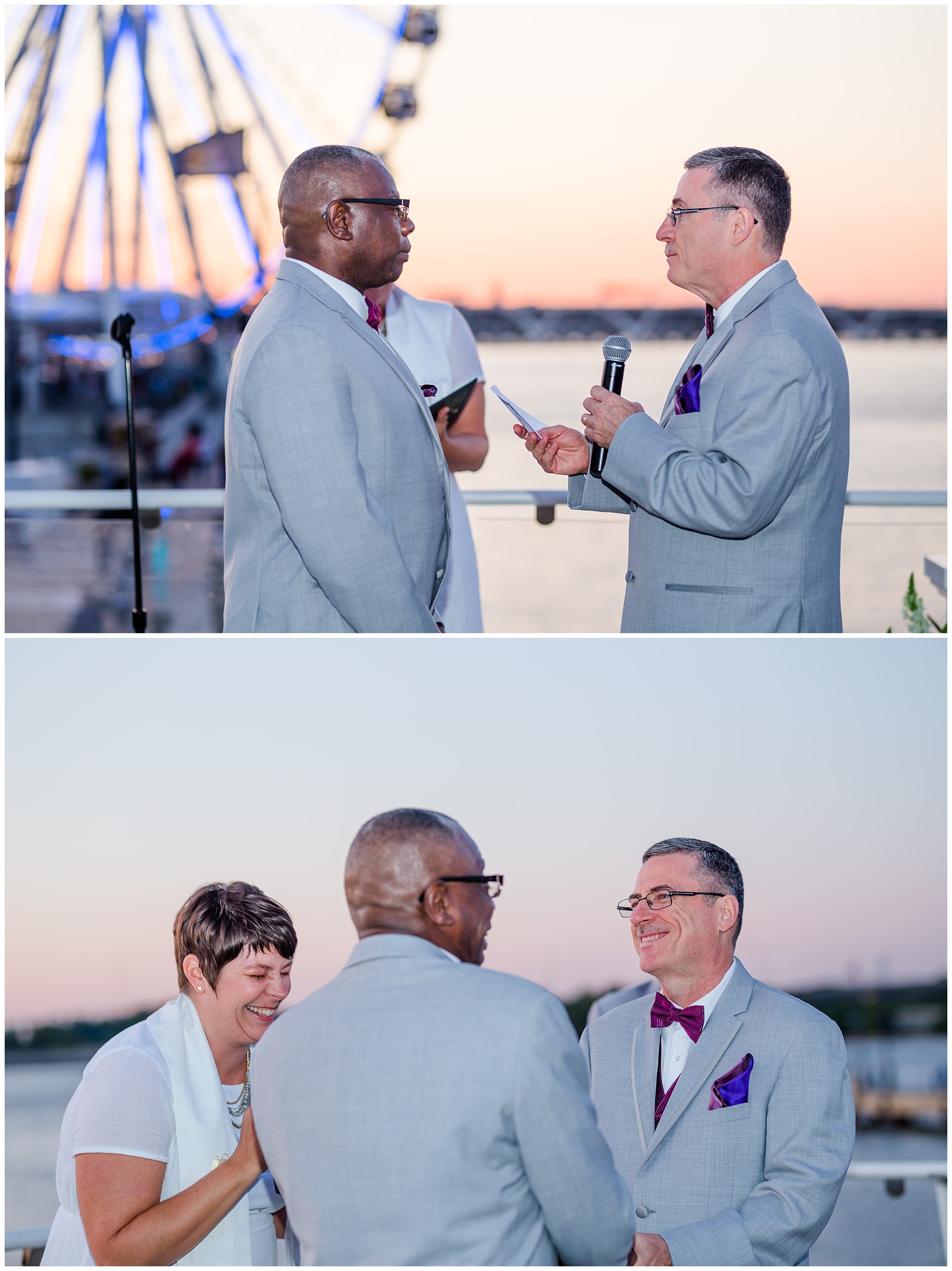 National Harbor wedding, Oxon Hill, waterfront, waterfront wedding, Potomac River, same sex wedding, two grooms, wedding party, best man, best men, sunset portraits, magic hour, sunset wedding ceremony, National Elite, private yacht