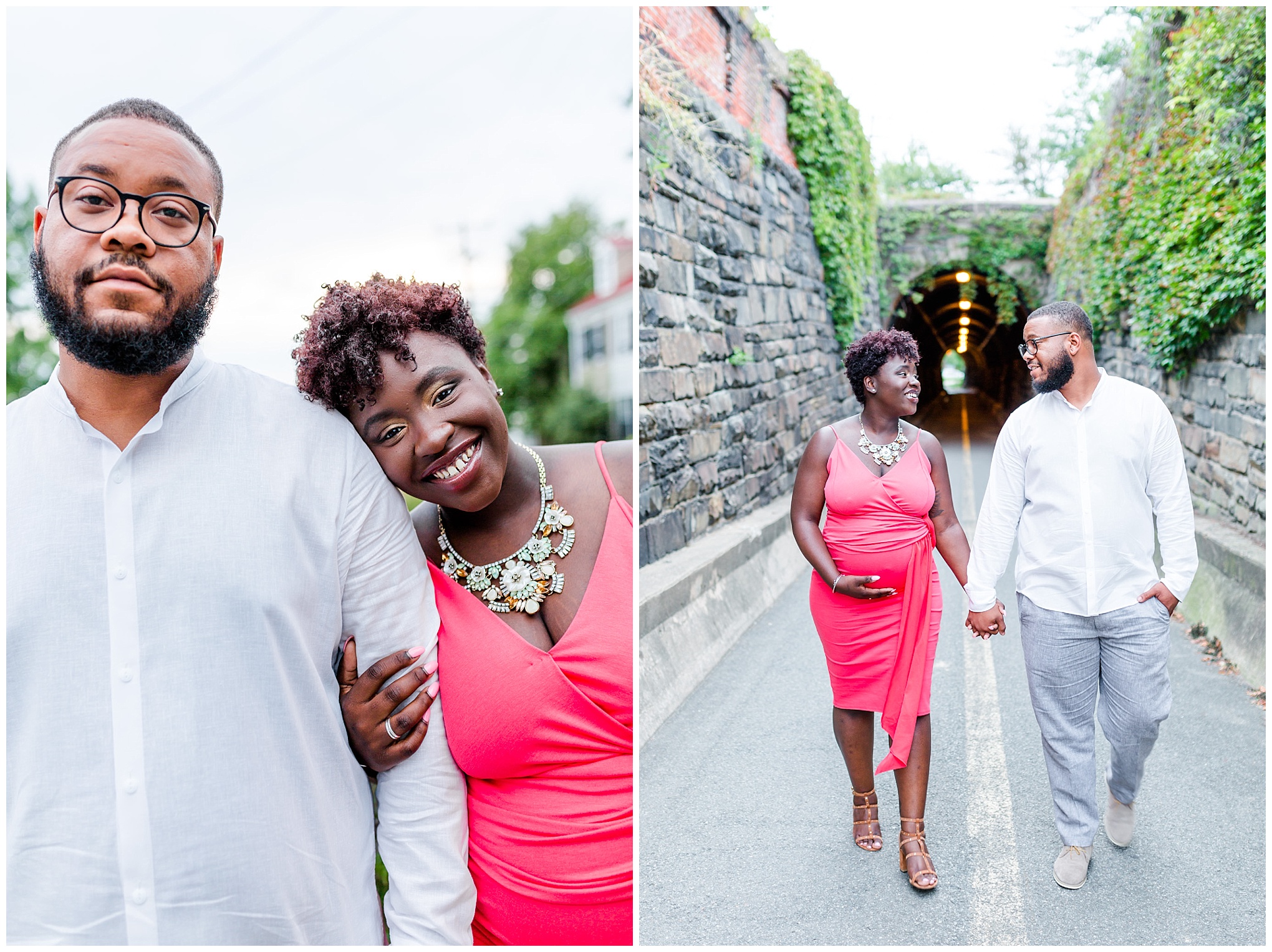 Wilkes Street Tunnel maternity photos, maternity style, coral dress, married couple, mom to be, dad to be, old town Alexandria, northern Virginia, maternity photographer, Alexandria maternity photographer, magic hour portraits