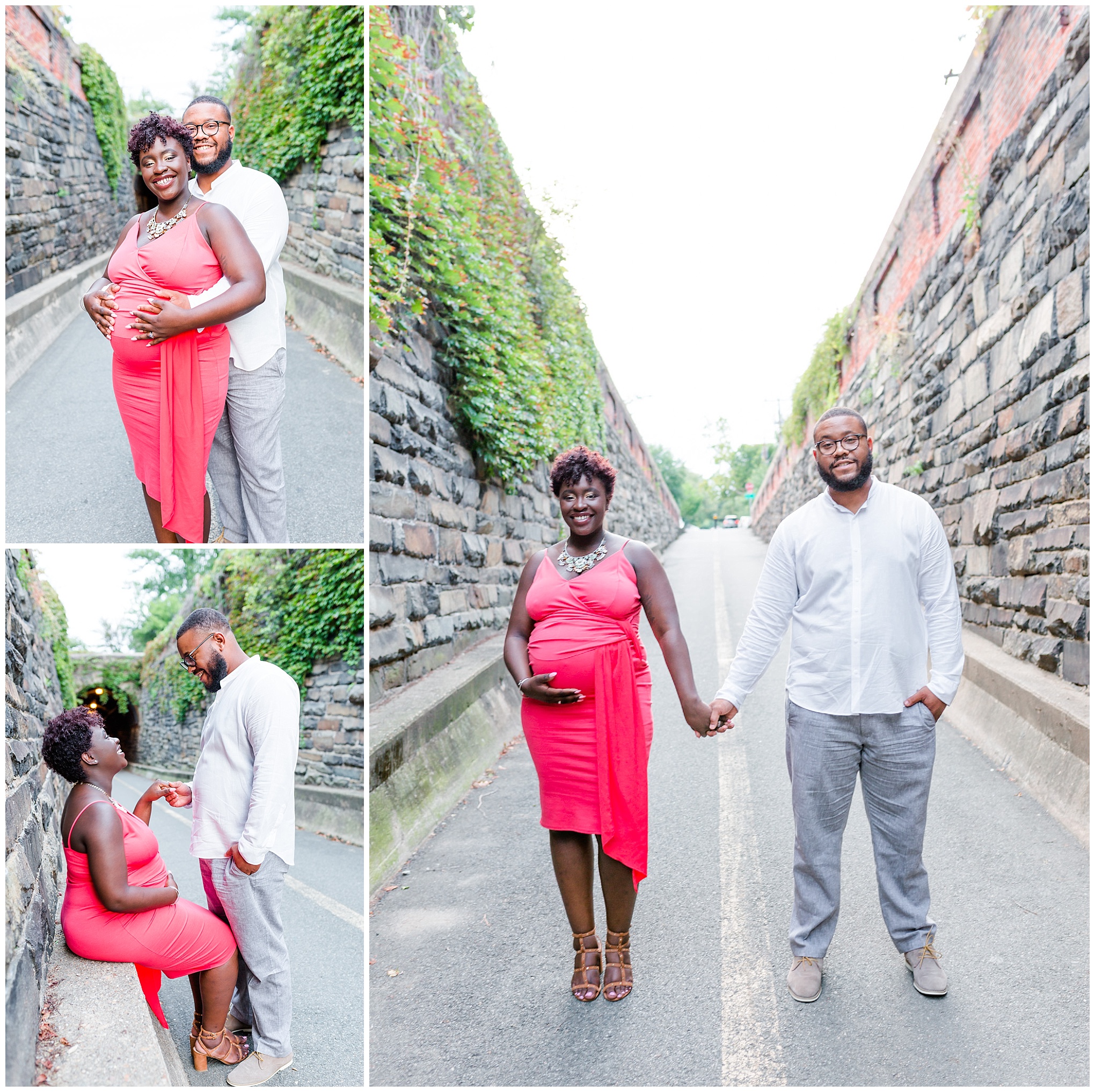 Wilkes Street Tunnel maternity photos, maternity style, coral dress, married couple, mom to be, dad to be, old town Alexandria, northern Virginia, maternity photographer, Alexandria maternity photographer, magic hour portraits, summer 2017