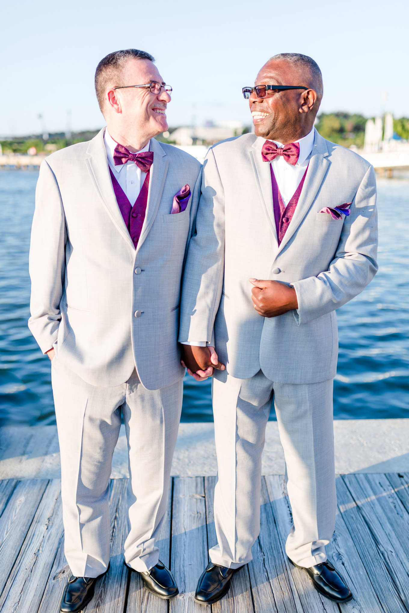 busy season, two grooms, same sex wedding, Maryland wedding, waterfront wedding, grey tuxedos, grey suits, National Harbor, Oxon Hill