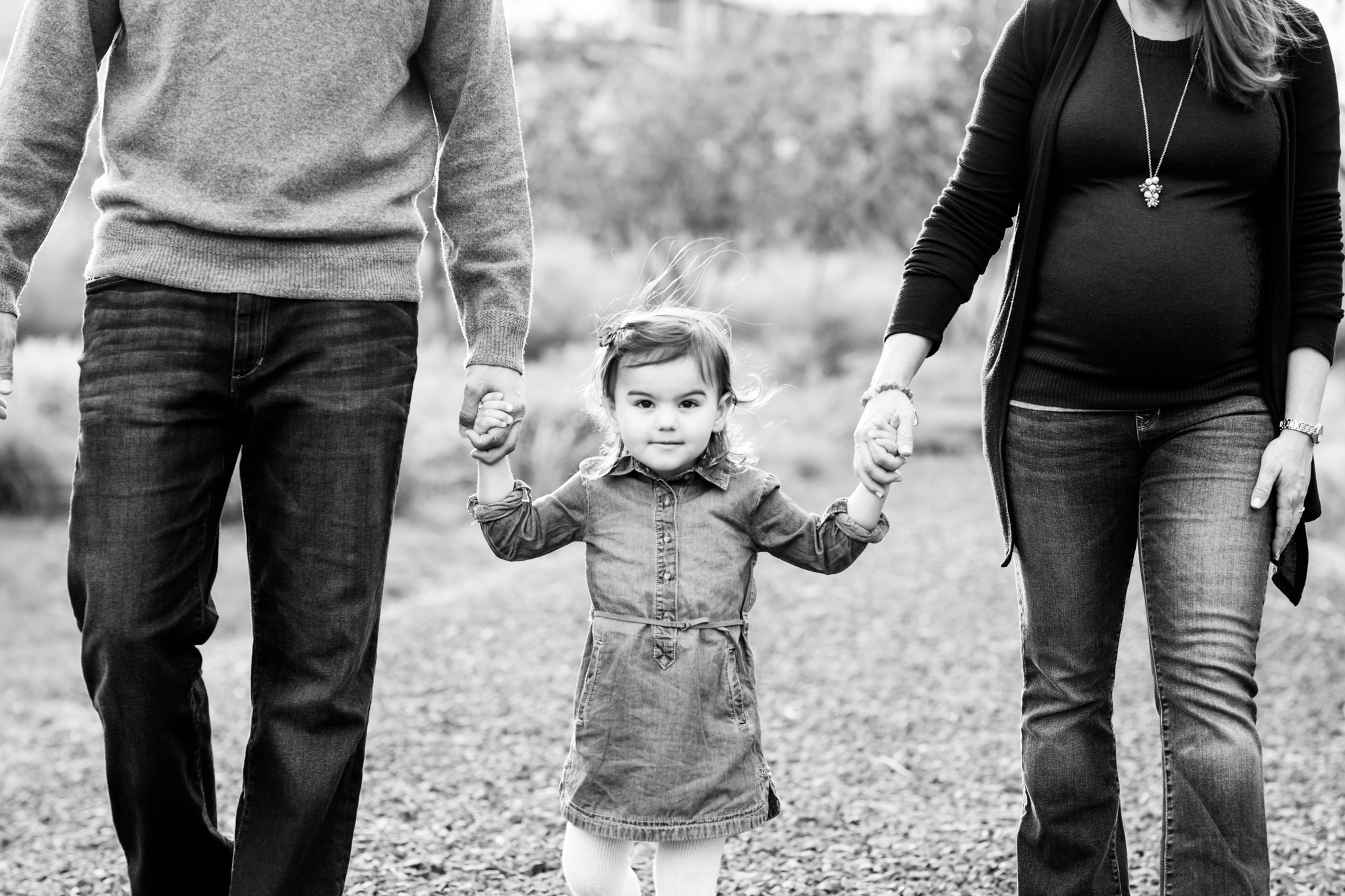 long bridge park family photos, family of three, toddler, little girl, baby bump, maternity photos, outdoor photos, holiday portraits, family portraits, northern Virginia, magic hour portraits, black and white photography