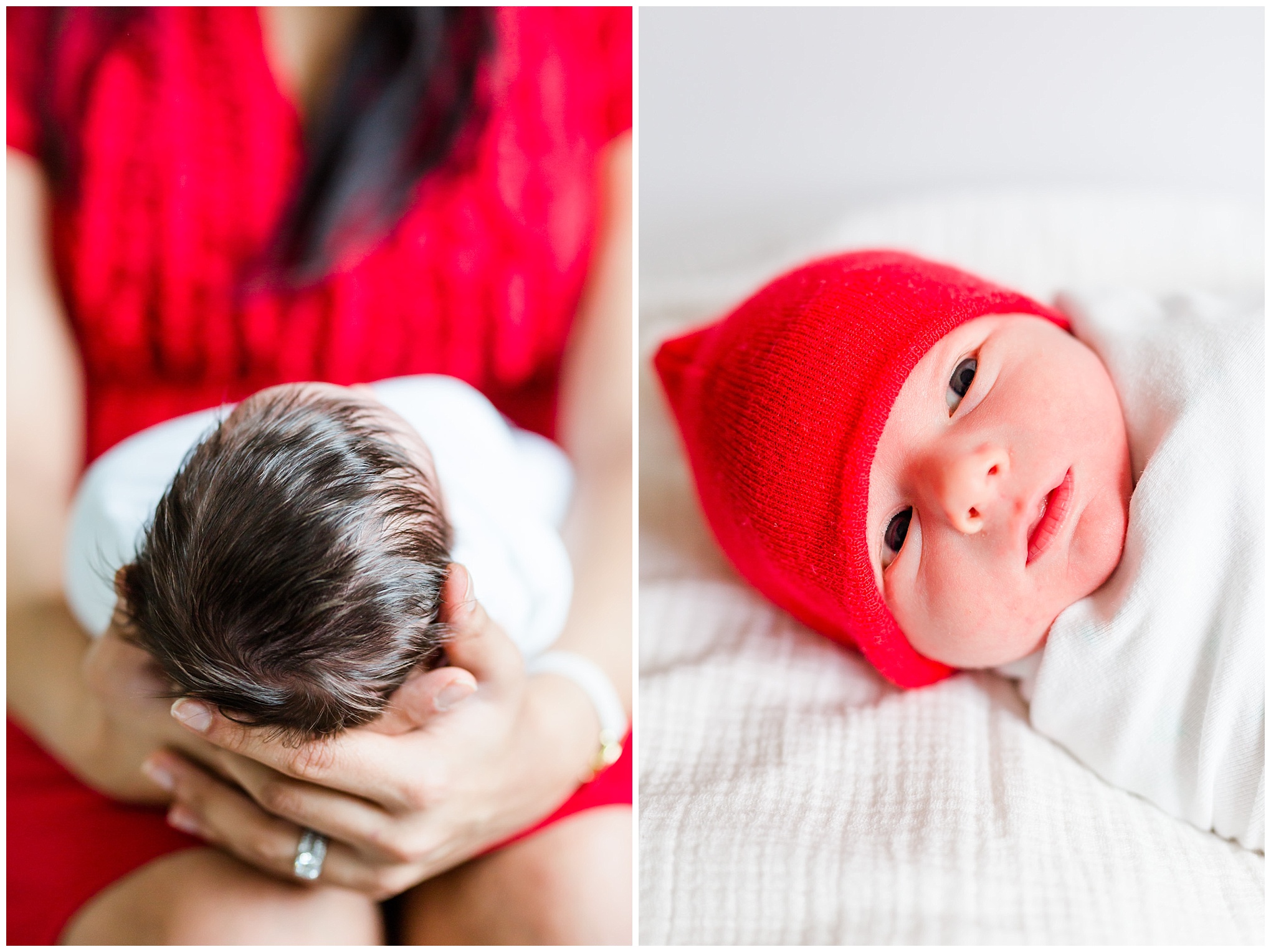 holiday newborn photos, newborn boy, baby boy, holiday photos, Christmas baby, brown haired baby, red hat, knit hat