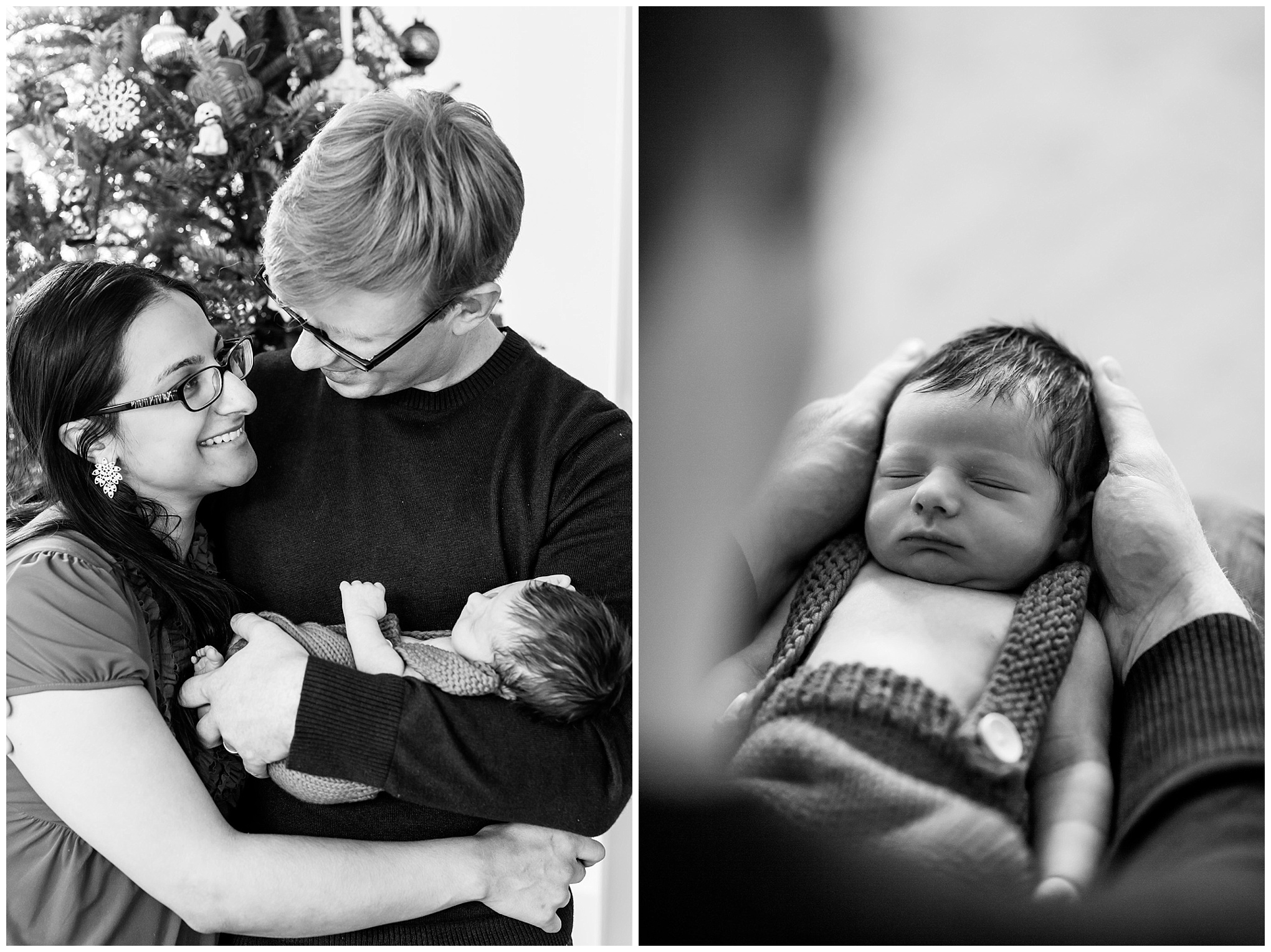 holiday newborn photos, newborn boy, baby boy, holiday photos, Christmas baby, brown haired baby, black and white photos, family of three, father son