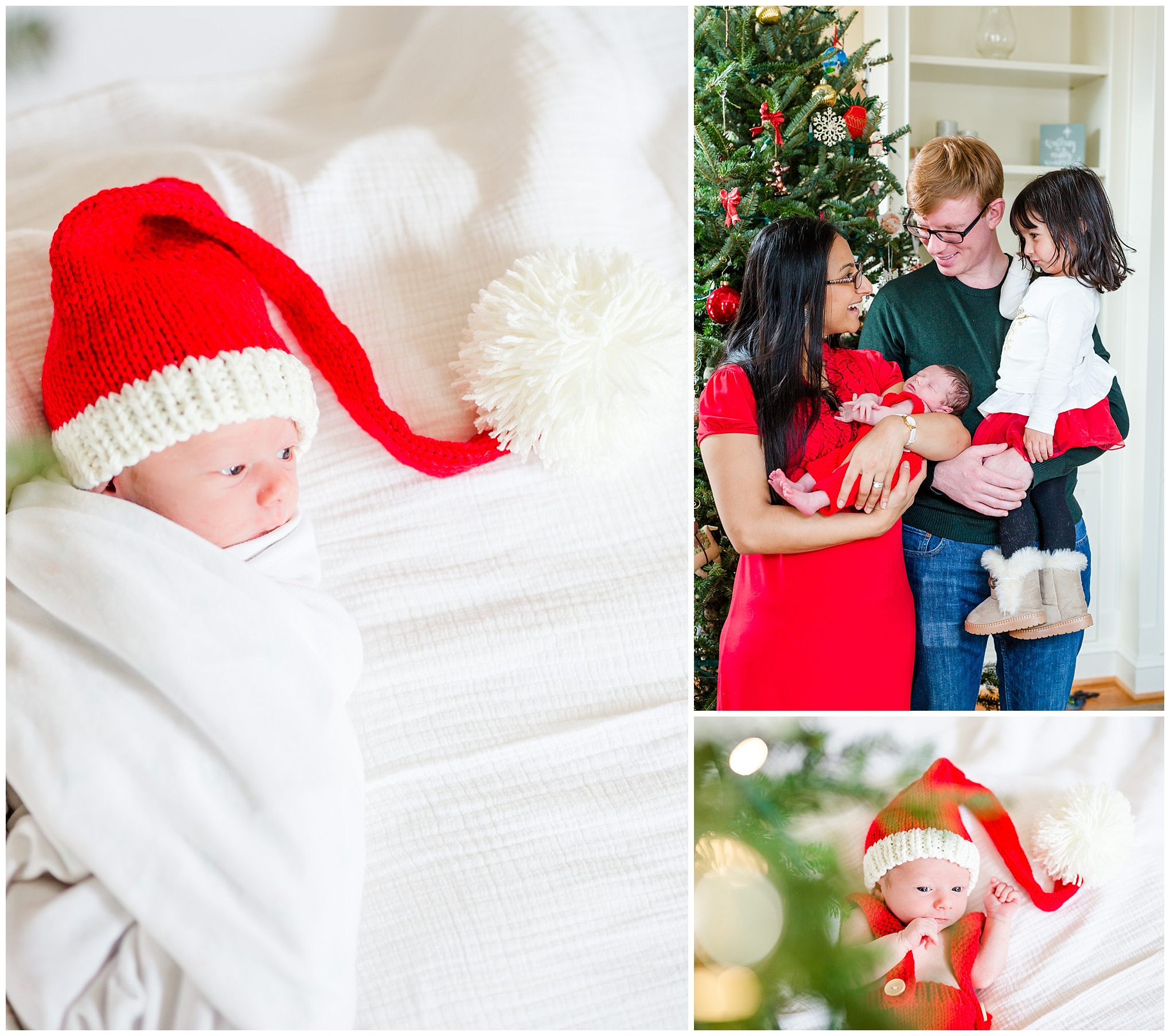 holiday newborn photos, newborn boy, baby boy, holiday photos, Christmas baby, brown haired baby, Santa hat, family of four