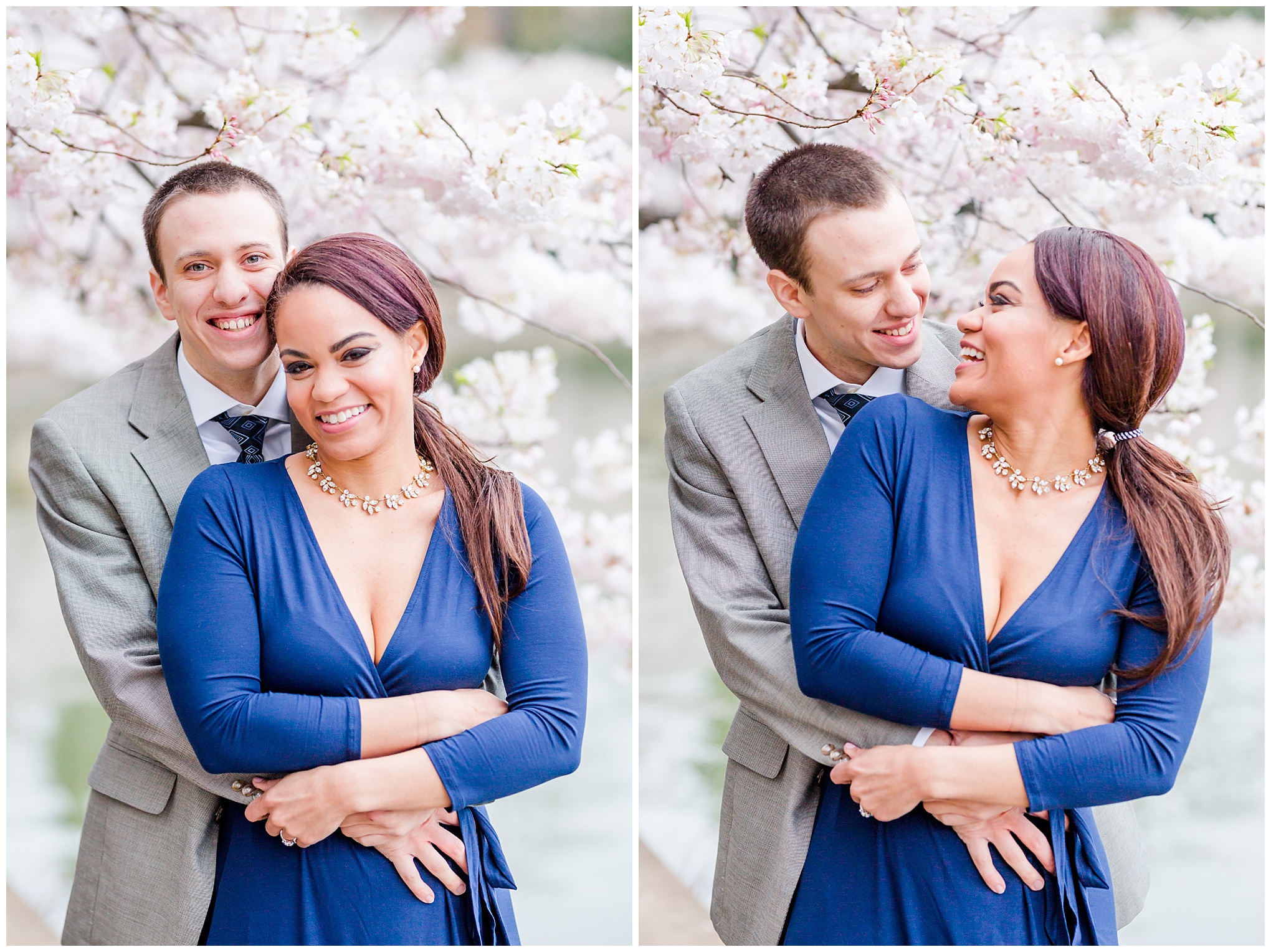 D.C. cherry blossoms engagement session, engagement session, D.C. engagement session, cherry blossoms, D.C. cherry blossoms, photo shoot outfit ideas, long navy wrap dress, long wrap dress, navy wrap dress, tidal basin, waterfront, couple hugging
