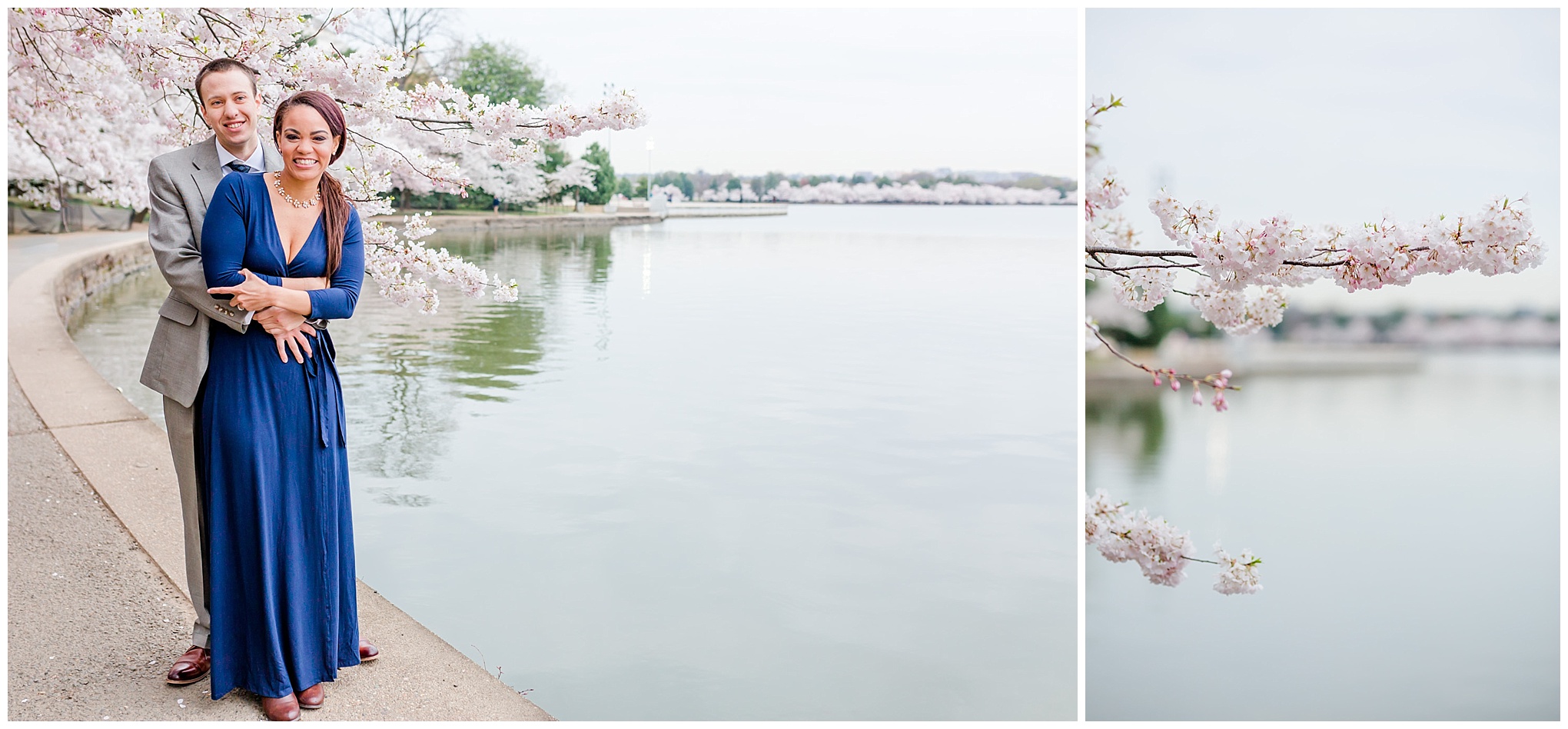 D.C. cherry blossoms engagement session, engagement session, D.C. engagement session, cherry blossoms, D.C. cherry blossoms, photo shoot outfit ideas, long navy wrap dress, long wrap dress, navy wrap dress, tidal basin, waterfront, couple hugging, light pink flowers