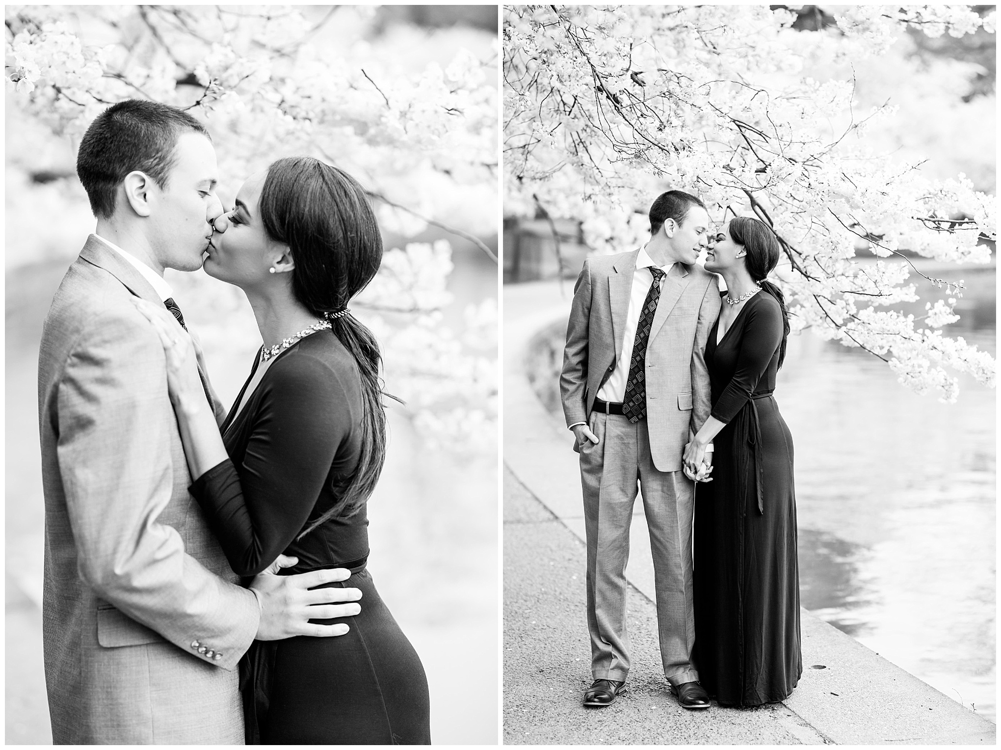 D.C. cherry blossoms engagement session, engagement session, D.C. engagement session, cherry blossoms, D.C. cherry blossoms, photo shoot outfit ideas, long navy wrap dress, long wrap dress, navy wrap dress, tidal basin, waterfront, engagement ring, diamond and auquamarine, aquamarine engagement ring, couple holding hands, black and white photo, couple kissing