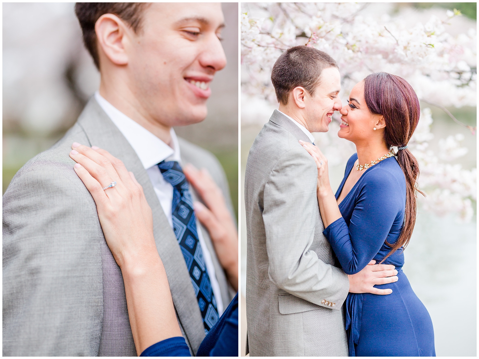 D.C. cherry blossoms engagement session, engagement session, D.C. engagement session, cherry blossoms, D.C. cherry blossoms, photo shoot outfit ideas, long navy wrap dress, long wrap dress, navy wrap dress, tidal basin, waterfront, engagement ring, diamond and auquamarine, aquamarine engagement ring