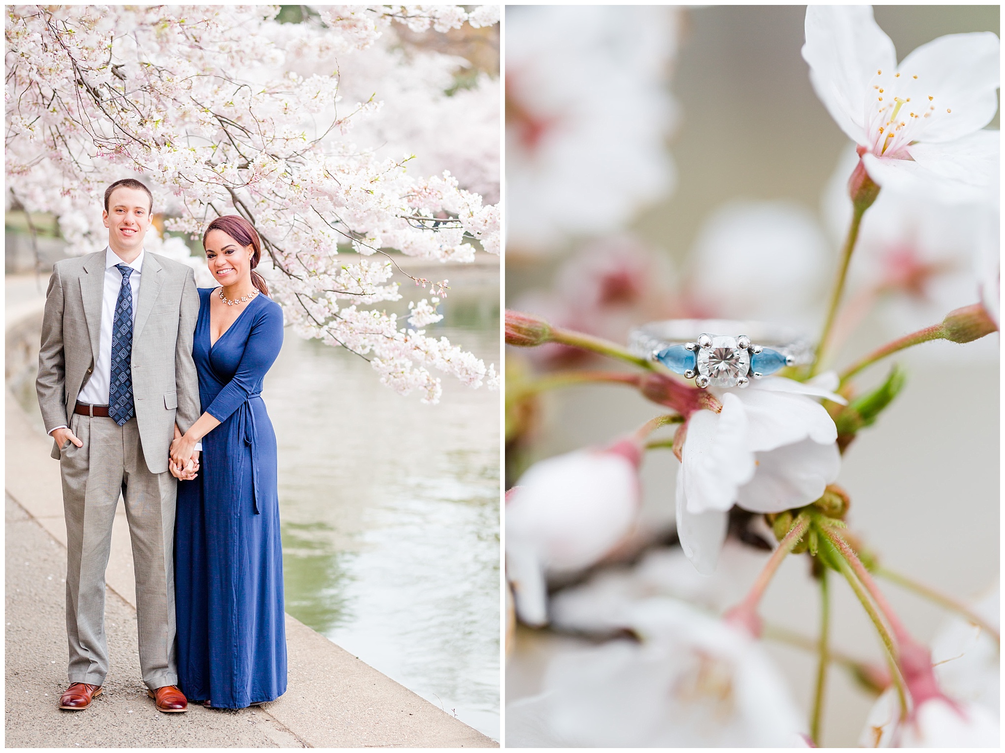 D.C. cherry blossoms engagement session, engagement session, D.C. engagement session, cherry blossoms, D.C. cherry blossoms, photo shoot outfit ideas, long navy wrap dress, long wrap dress, navy wrap dress, tidal basin, waterfront, engagement ring, diamond and auquamarine, aquamarine engagement ring, couple holding hands