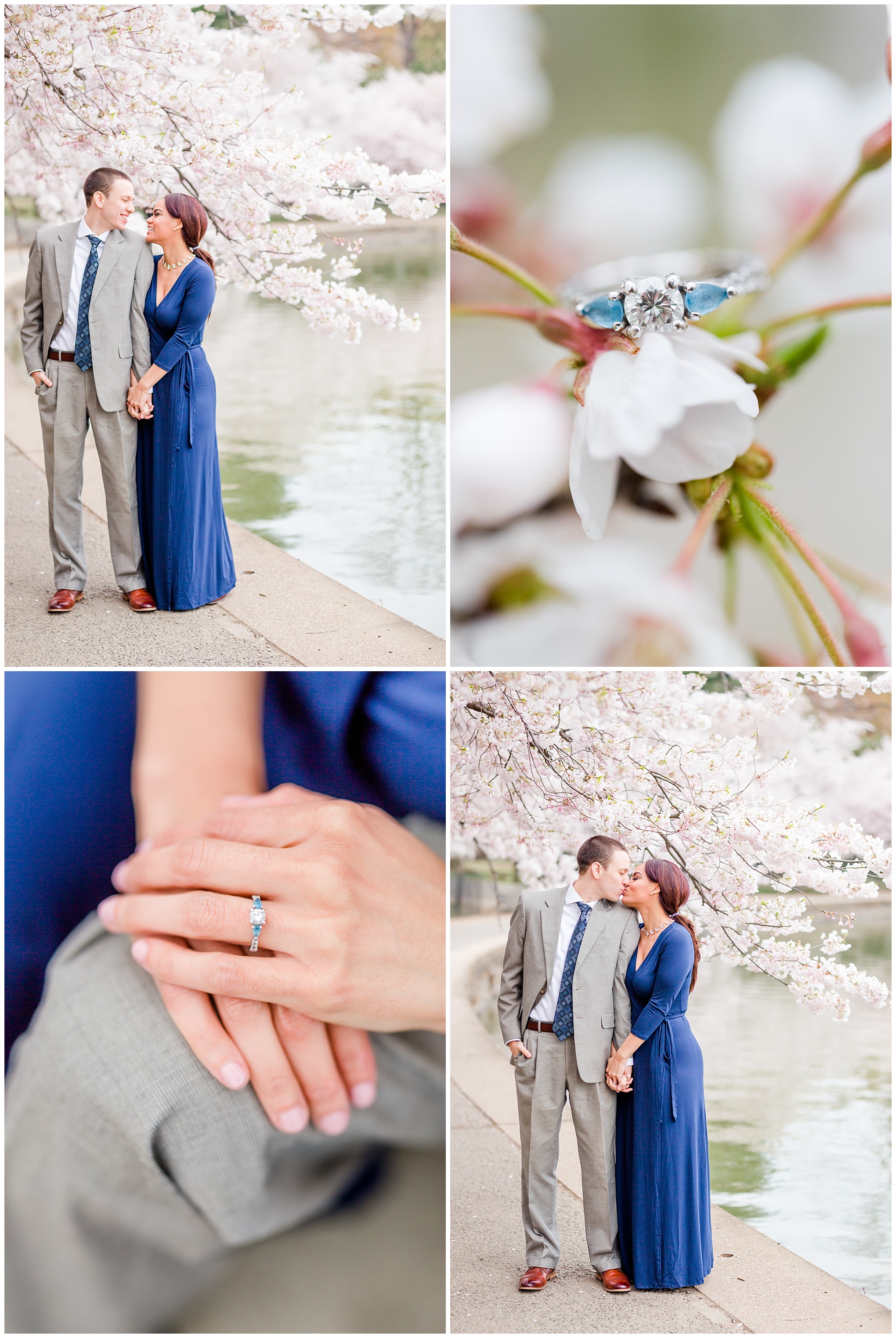 D.C. cherry blossoms engagement session, engagement session, D.C. engagement session, cherry blossoms, D.C. cherry blossoms, photo shoot outfit ideas, long navy wrap dress, long wrap dress, navy wrap dress, tidal basin, waterfront, engagement ring, diamond and auquamarine, aquamarine engagement ring, couple holding hands, D.C. engagement session