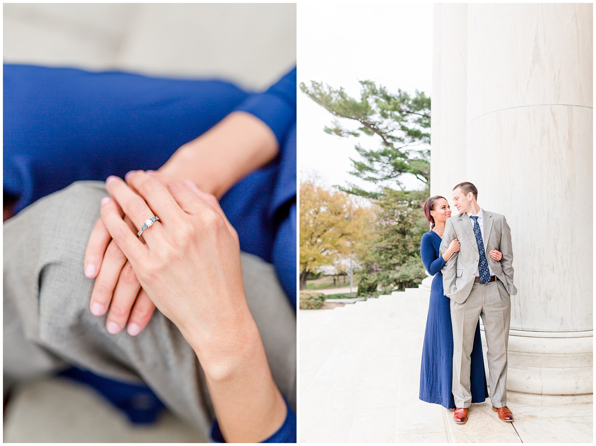 D.C. cherry blossoms engagement session, engagement session, D.C. engagement session, cherry blossoms, D.C. cherry blossoms, photo shoot outfit ideas, long navy wrap dress, long wrap dress, navy wrap dress, tidal basin, waterfront, engagement ring, diamond and auquamarine, aquamarine engagement ring, couple holding hands, Jefferson Memorial, Jefferson Memorial portraits, evergreens