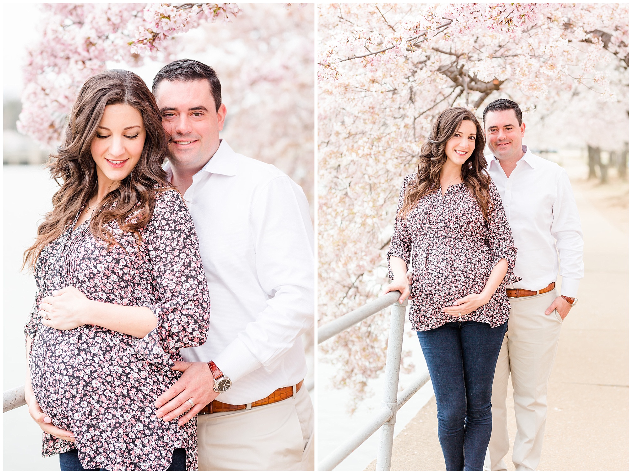 D.C. cherry blossoms maternity session, expectant couple, D.C. couple, maternity photos, maternity portraits, spring maternity photos, cherry blossoms, D.C. cherry blossoms, tidal basin, couple hugging, brunette mom to be, brunette woman, floral print top, dark wash blue jeans, 