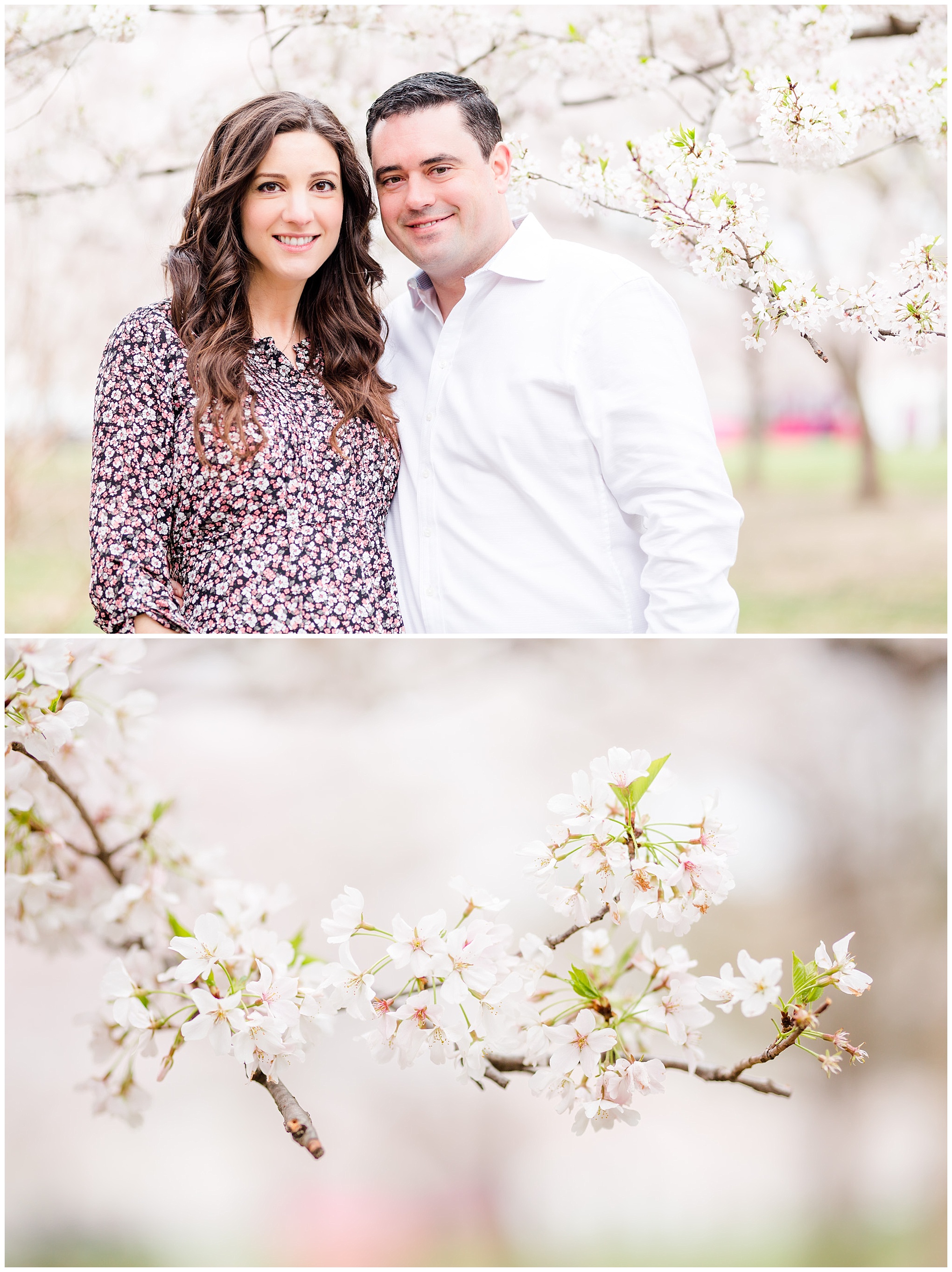 D.C. cherry blossoms maternity session, maternity portraits, maternity photos, D.C. cherry blossoms, cherry blossoms maternity photo, floral print top, brunette expectant mom, expecting mother, brunette woman, pregnant woman, third trimester, baby bump, couple smiling