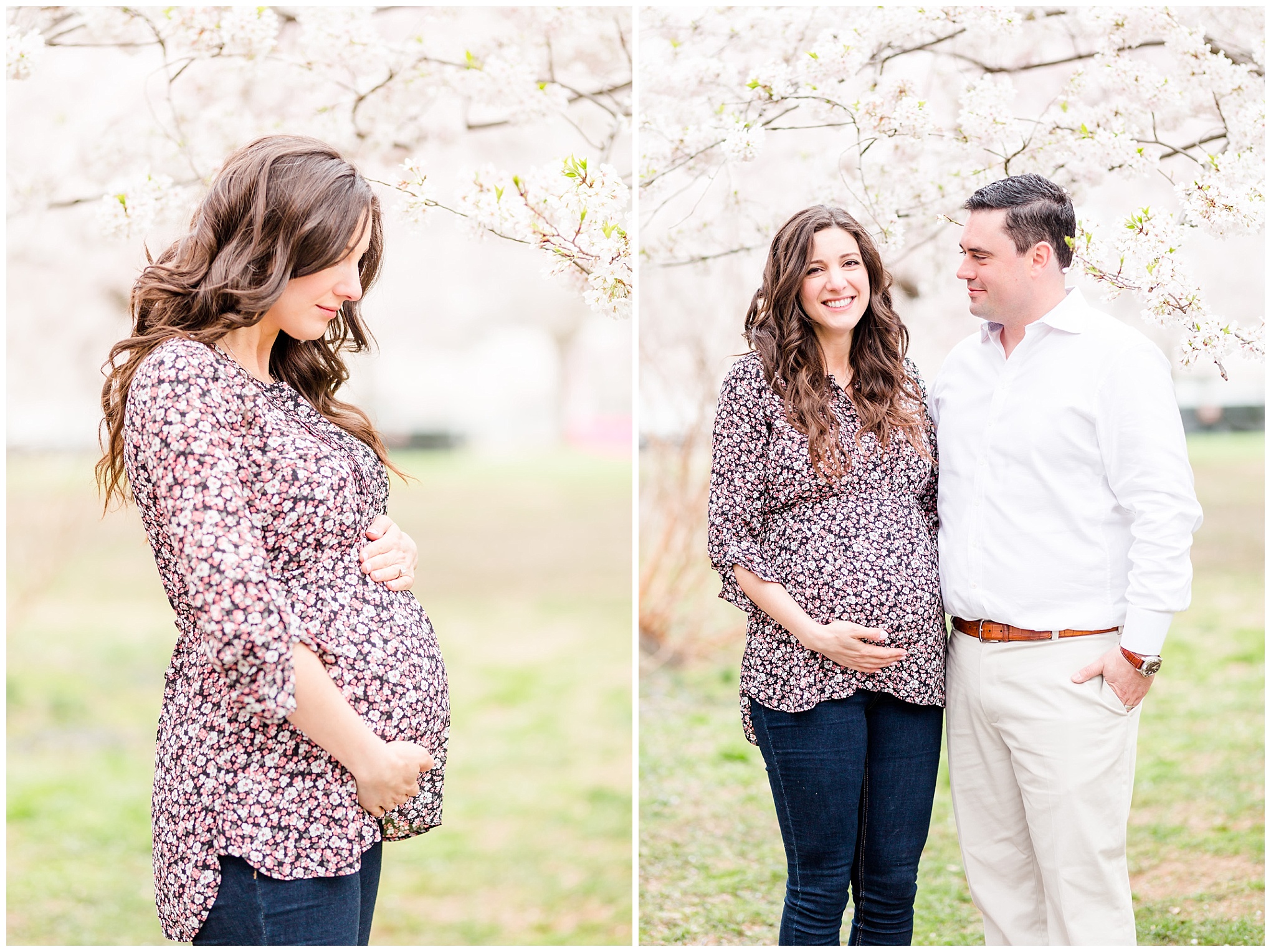 D.C. cherry blossoms maternity session, maternity portraits, maternity photos, D.C. cherry blossoms, cherry blossoms maternity photo, floral print top, brunette expectant mom, expecting mother, brunette woman, pregnant woman, third trimester, baby bump, cherry blossoms forest, couple hugging