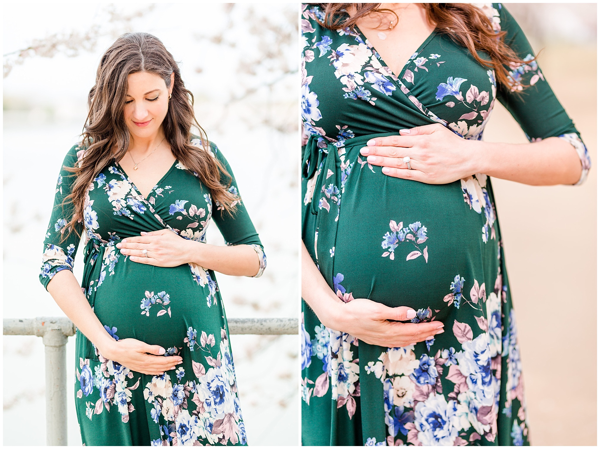 D.C. cherry blossoms maternity session, maternity portraits, maternity photos, D.C. cherry blossoms, cherry blossoms maternity photo, floral print top, brunette expectant mom, expecting mother, brunette woman, pregnant woman, third trimester, baby bump, floral frame