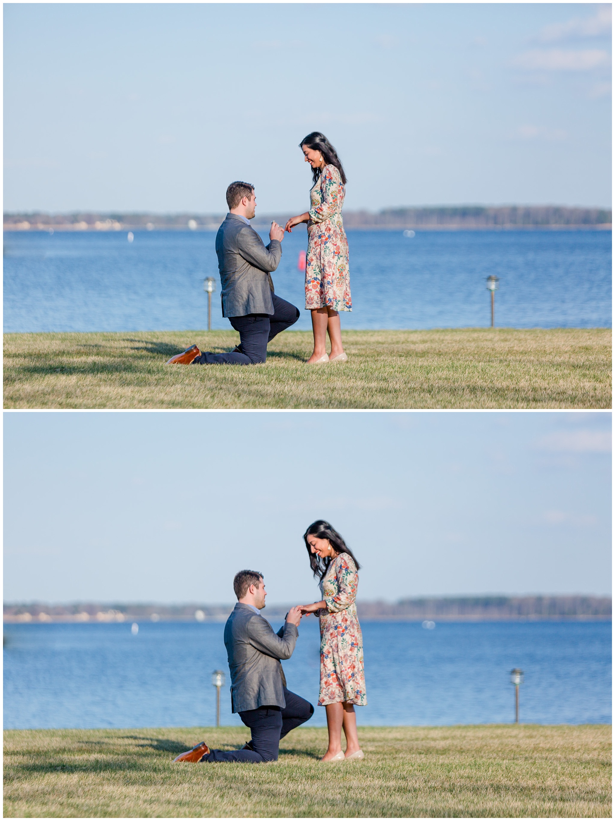 St. Michaels surprise proposal, Inn at Perry Cabin, waterfront proposal, surprise proposal, marriage proposal, Maryland waterfront, Maryland eastern shore, spring marriage proposal, floral dress, grey blazer, St. Michaels, down on one knee, on bended knee, proposing