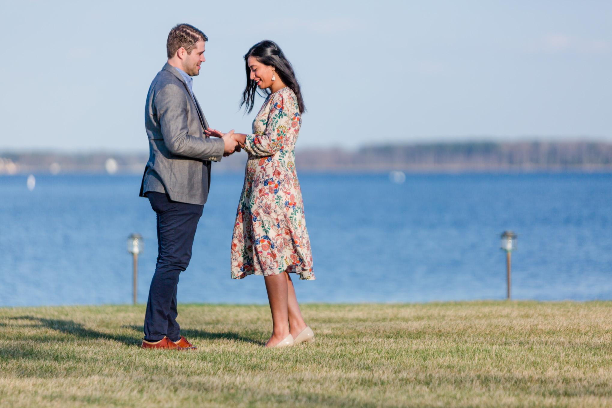 Inn at Perry Cabin, waterfront proposal, surprise proposal, marriage proposal, Maryland waterfront, Maryland eastern shore, spring marriage proposal, floral dress, grey blazer, St. Michaels, engagement, engaged couple, St. Michaels surprise proposal