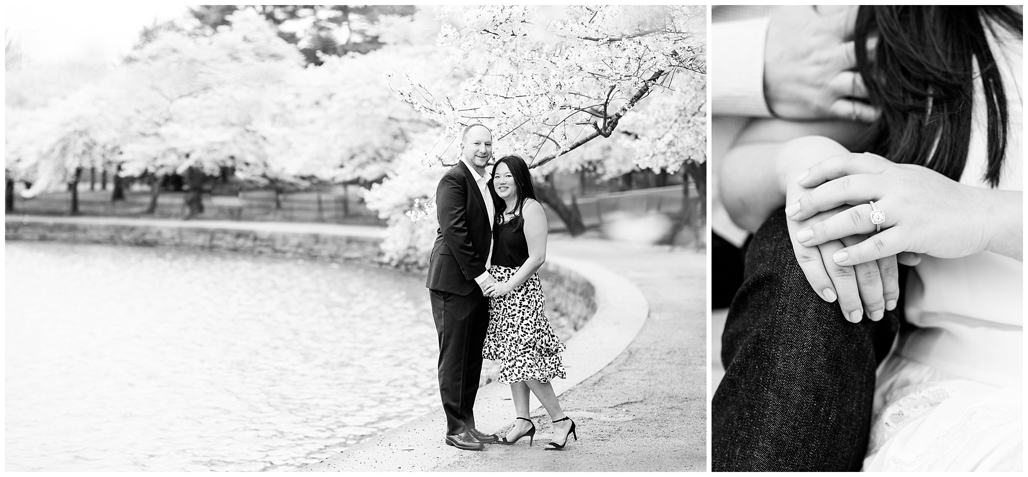 engaged couple, engagement portraits, photo shoot outfit ideas, cherry blossom engagement portraits, cherry blossom portraits, cherry blossoms, DC cherry blossoms, tidal basin, DC tidal basin, white cotton dress, white cotton sleeveless dress, bow sleeves, classic cherry blossom engagement session, D.C. engagement photographer, cherry blossom trees, floral print skirt, black and navy outfit, black and white outfit, couple holding hands, black and white photo
