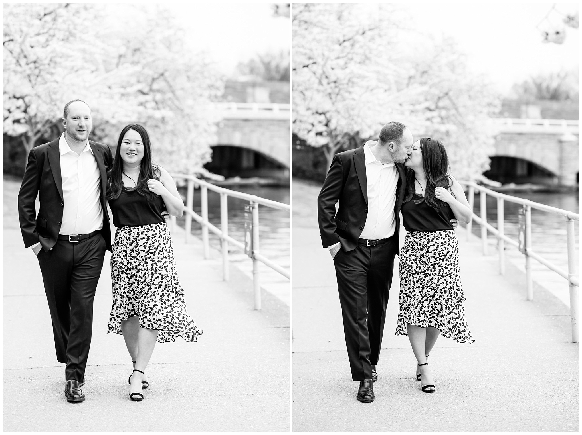 engaged couple, engagement portraits, photo shoot outfit ideas, cherry blossom engagement portraits, cherry blossom portraits, cherry blossoms, DC cherry blossoms, tidal basin, DC tidal basin, white cotton dress, white cotton sleeveless dress, bow sleeves, classic cherry blossom engagement session, D.C. engagement photographer, cherry blossom trees, floral print skirt, black and navy outfit, black and white outfit, black and white photo, couple walking