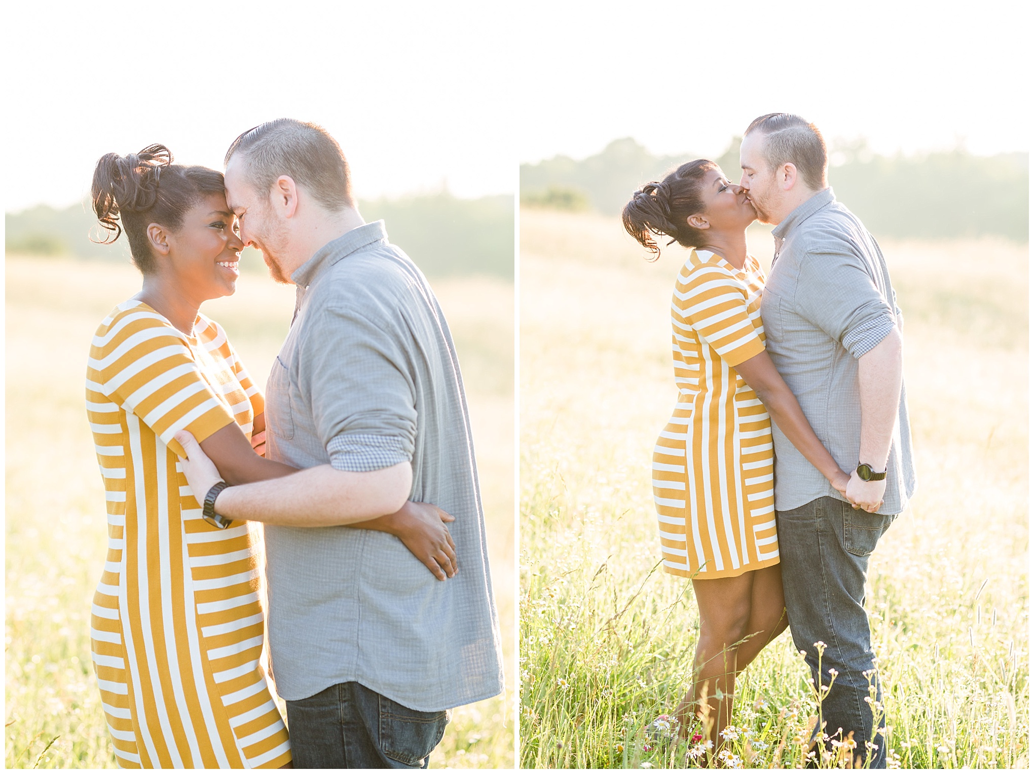 stone house engagement session, Manassas, Manassas National Battlefield Park, battlefield, outdoor engagement photos, engagement photos, Virginia engagement photos, Virginia engagement photographer, northern Virginia, northern Virginia engagement photographer, Manassas photographer, Manassas engagement photographer, natural light engagement photos, magic hour portriats, morning magic hour, engagement photos poses, engagement photos ideas, kissing, June engagement, open field, yellow and white striped tshirt dress