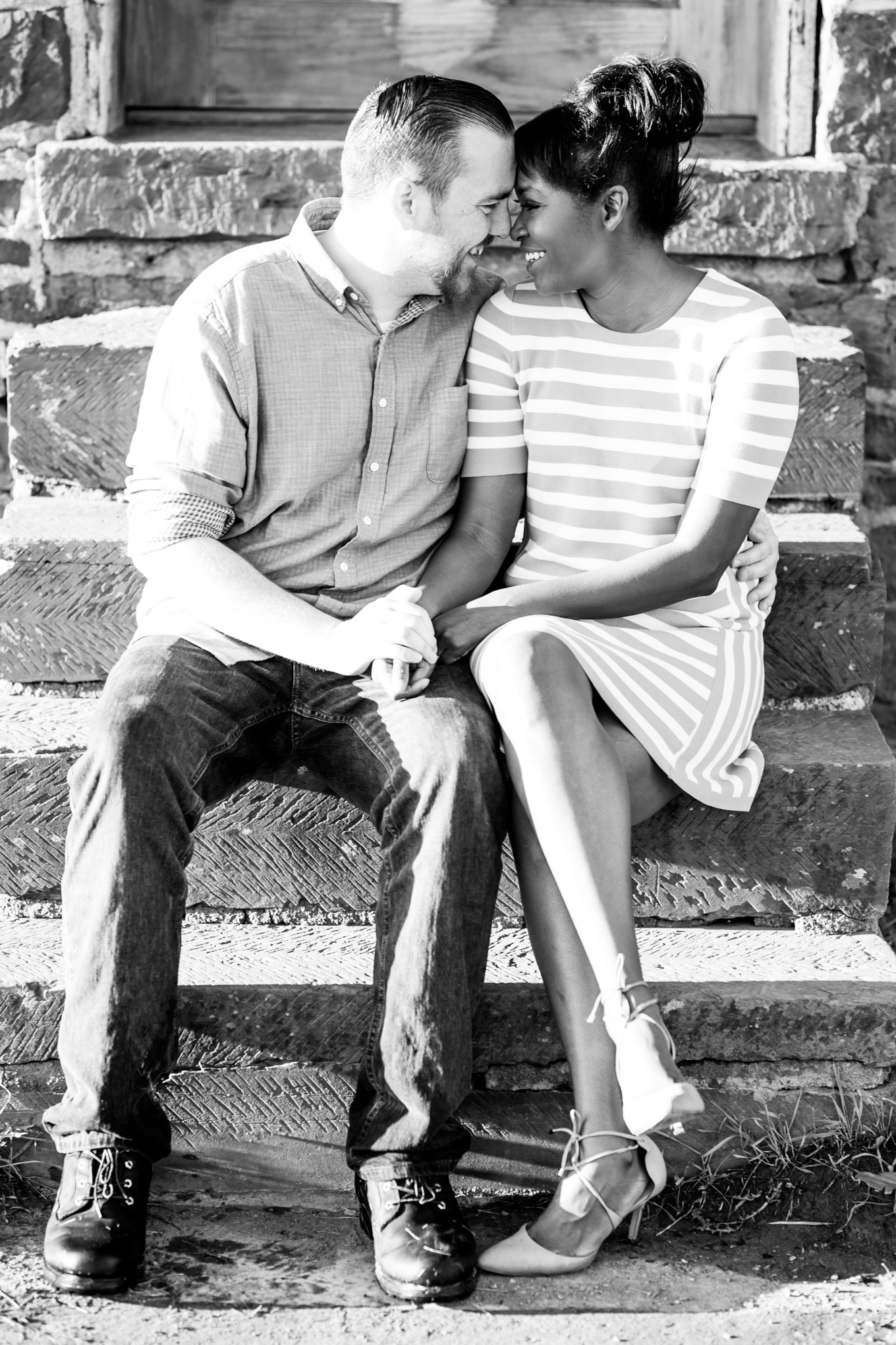 stone house engagement session, Manassas, Manassas National Battlefield Park, battlefield, outdoor engagement photos, engagement photos, Virginia engagement photos, Virginia engagement photographer, northern Virginia, northern Virginia engagement photographer, Manassas photographer, Manassas engagement photographer, natural light engagement photos, magic hour portraits, morning magic hour, engagement photos poses, engagement photos ideas, black and white, stone steps, strappy heeled shoes