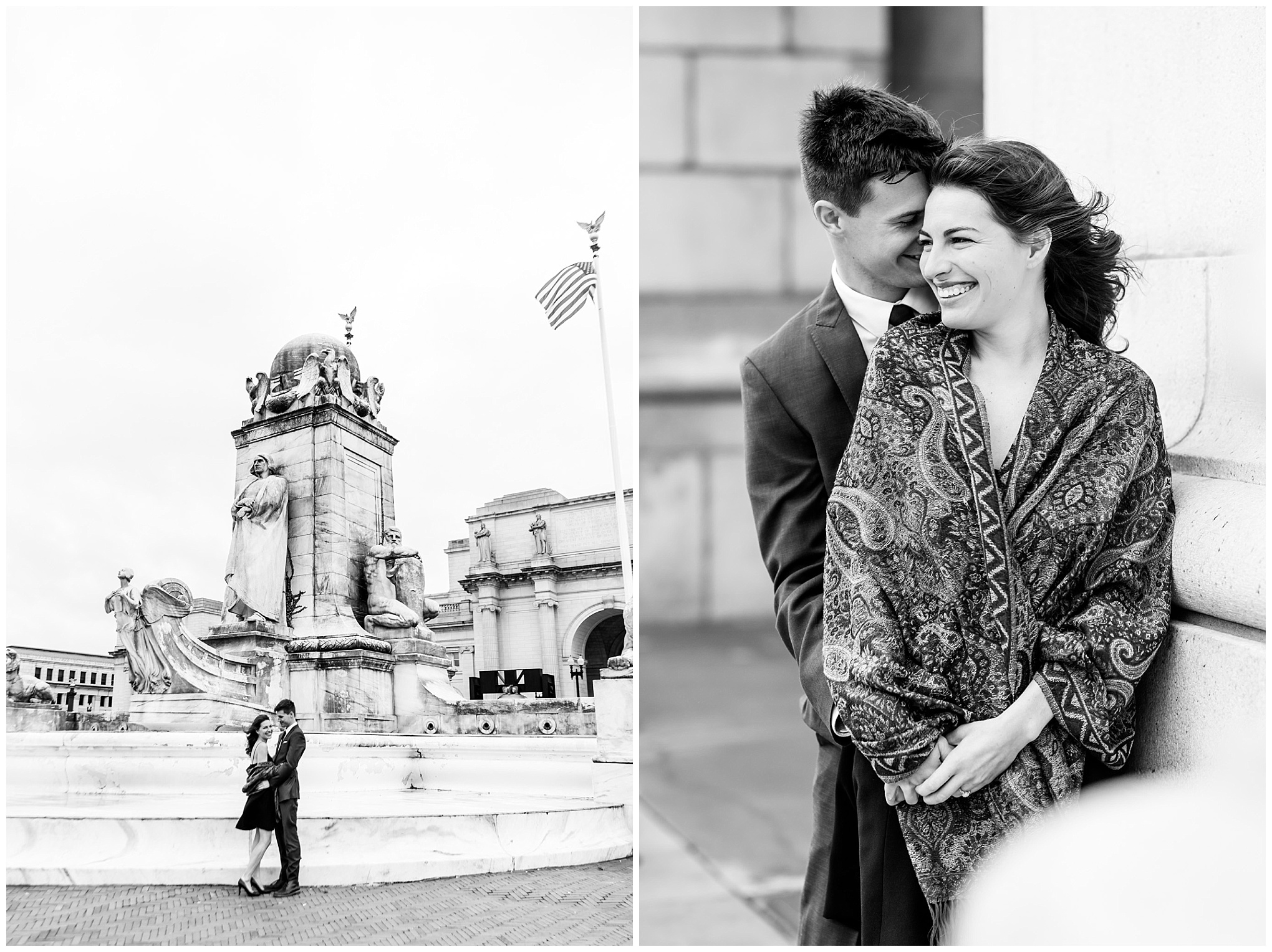 black and white engagement photos, black and white photography, black and white photos, engagement photos, black and white D.C., D.C. engagement photos, classic engagement photos, traditional engagement photos, engagement photos poses, classic architecture, D.C. architecture, Union Station D.C., Union Station, engaged couple, relationship goals, joyful couple, black and white sessions, fountain, smiling woman