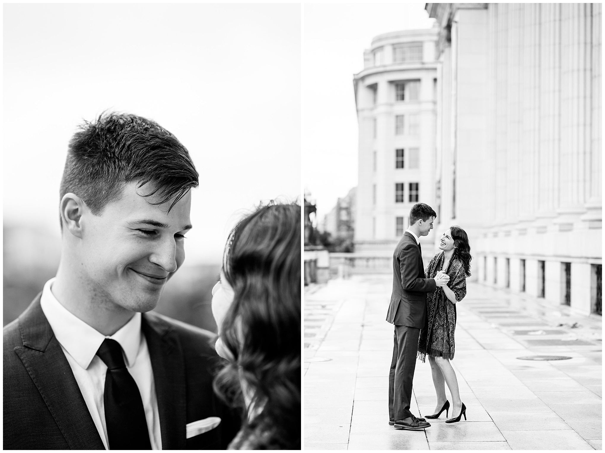 black and white engagement photos, black and white photography, black and white photos, engagement photos, black and white D.C., D.C. engagement photos, classic engagement photos, traditional engagement photos, engagement photos poses, classic architecture, D.C. architecture, Union Station D.C., Union Station, engaged couple, relationship goals, joyful couple, black and white sessions, man smiling at his fiance, fiances, couple dancing