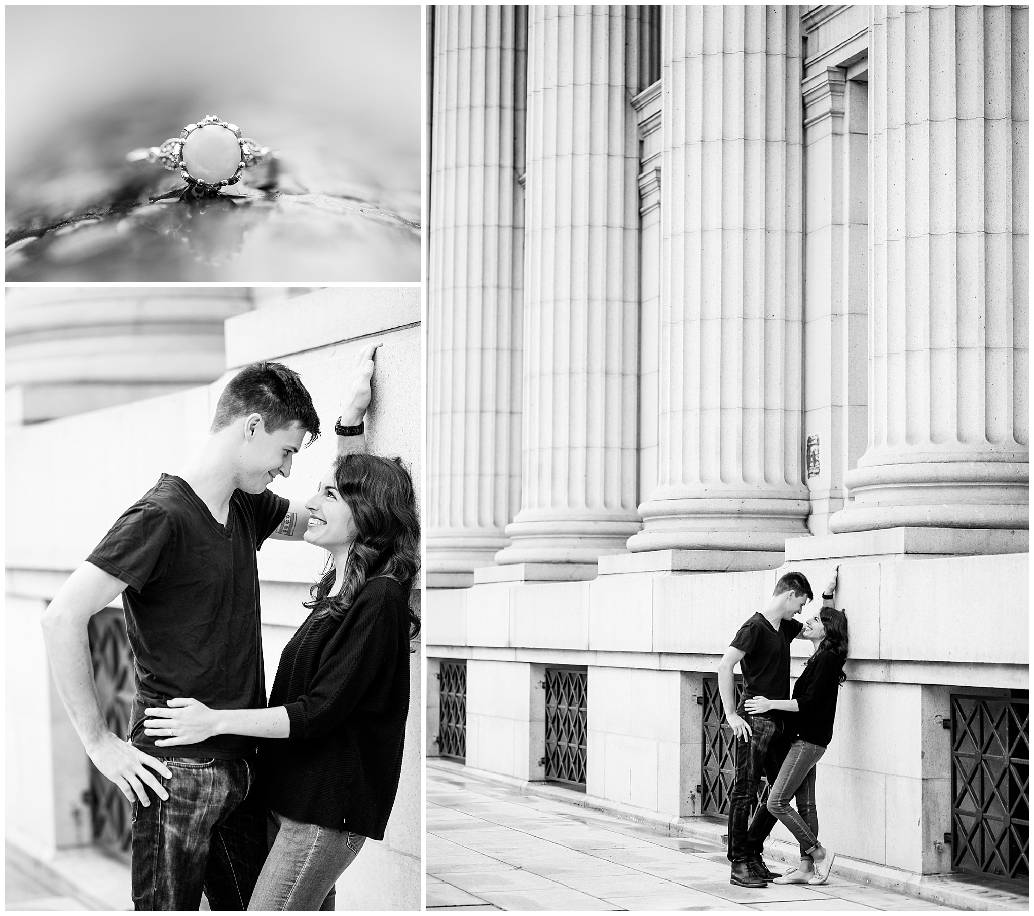black and white engagement photos, black and white photography, black and white photos, engagement photos, black and white D.C., D.C. engagement photos, classic engagement photos, traditional engagement photos, engagement photos poses, classic architecture, D.C. architecture, Union Station D.C., Union Station, engaged couple, relationship goals, joyful couple, black and white sessions, Postal Museum, couple kissing, couple leaning on wall, opal engagement ring