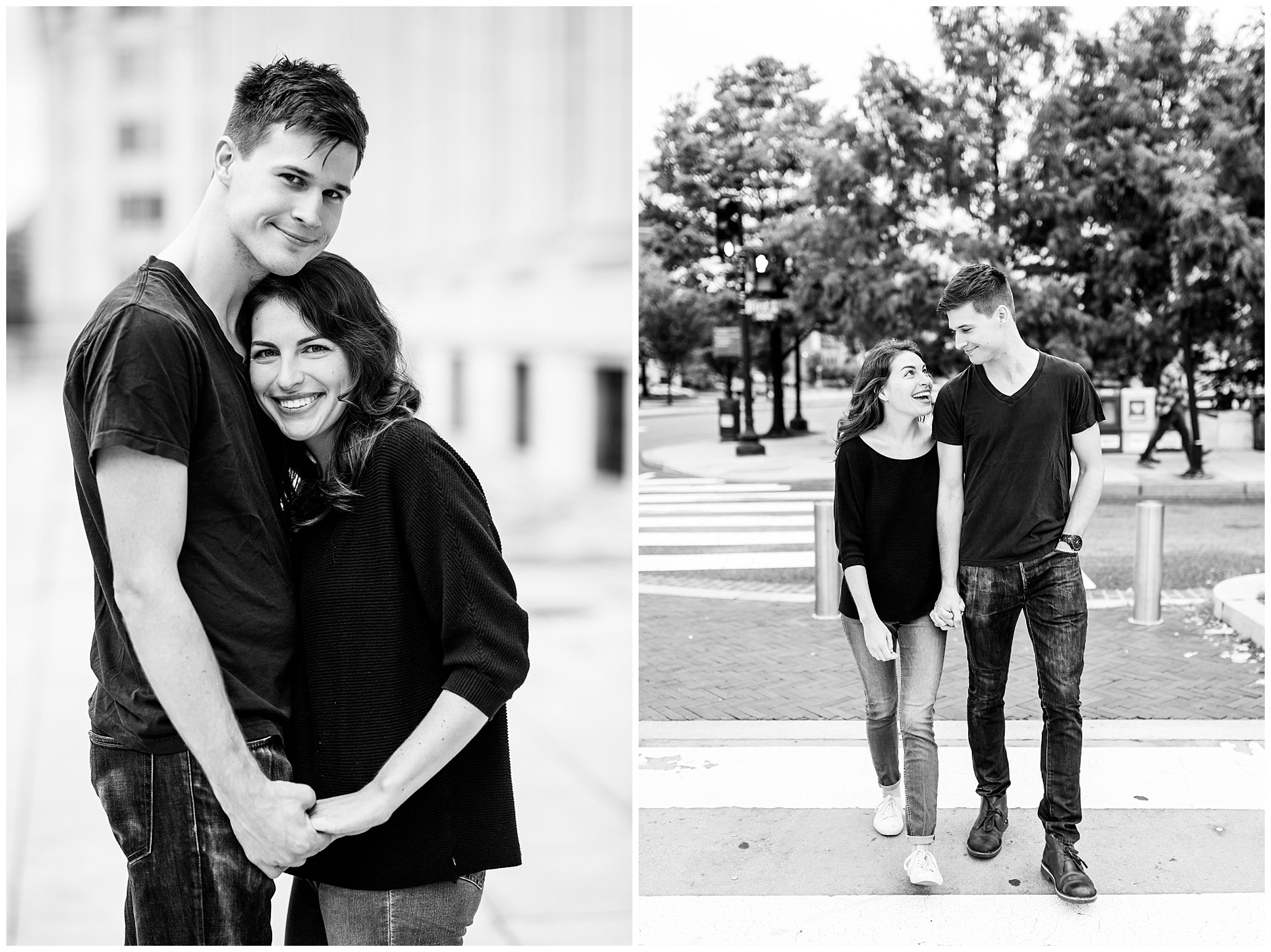 black and white engagement photos, black and white photography, black and white photos, engagement photos, black and white D.C., D.C. engagement photos, classic engagement photos, traditional engagement photos, engagement photos poses, classic architecture, D.C. architecture, Union Station D.C., Union Station, engaged couple, relationship goals, joyful couple, black and white sessions, couple in crosswalk