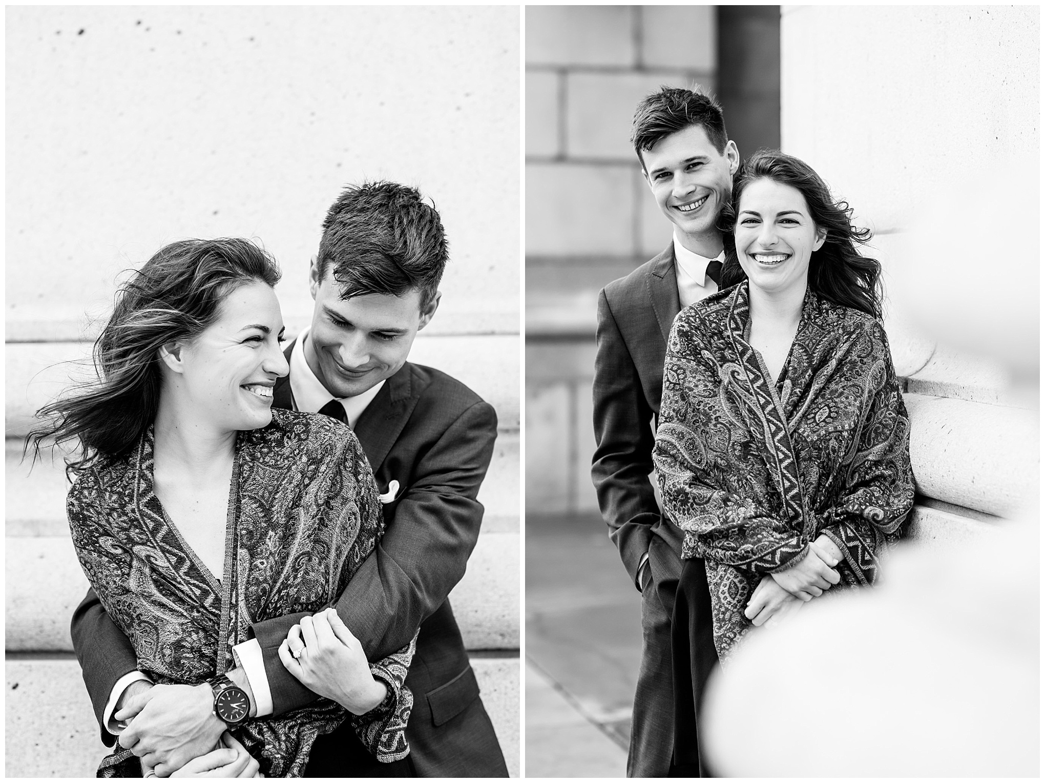 black and white engagement photos, black and white photography, black and white photos, engagement photos, black and white D.C., D.C. engagement photos, classic engagement photos, traditional engagement photos, engagement photos poses, classic architecture, D.C. architecture, Union Station D.C., Union Station, engaged couple, relationship goals, joyful couple, black and white sessions, couple laughing