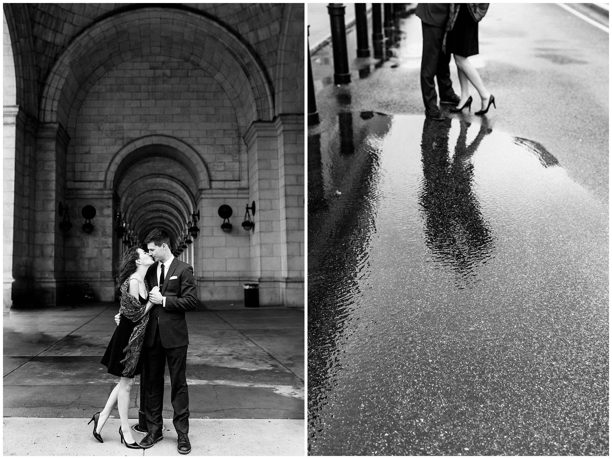 black and white engagement photos, black and white photography, black and white photos, engagement photos, black and white D.C., D.C. engagement photos, classic engagement photos, traditional engagement photos, engagement photos poses, classic architecture, D.C. architecture, Union Station D.C., Union Station, engaged couple, relationship goals, joyful couple, black and white sessions, windblown, romantic portraits, archways, couple kissing, reflection